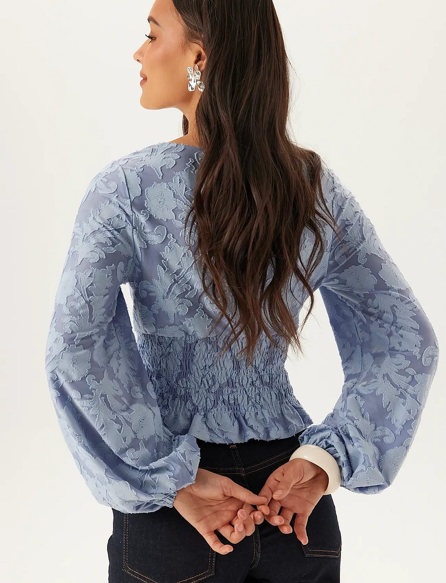 Bubbleroom - Structure Floral Smock Top - langärmelige blusen - light blue - 4
