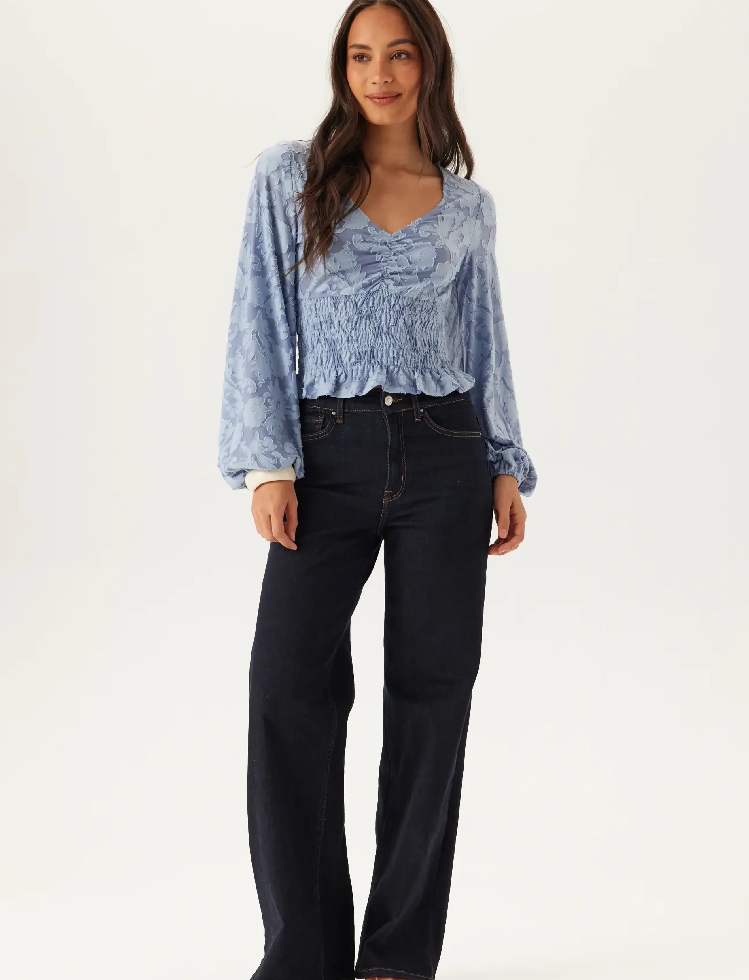 Bubbleroom - Structure Floral Smock Top - long-sleeved blouses - light blue - 5