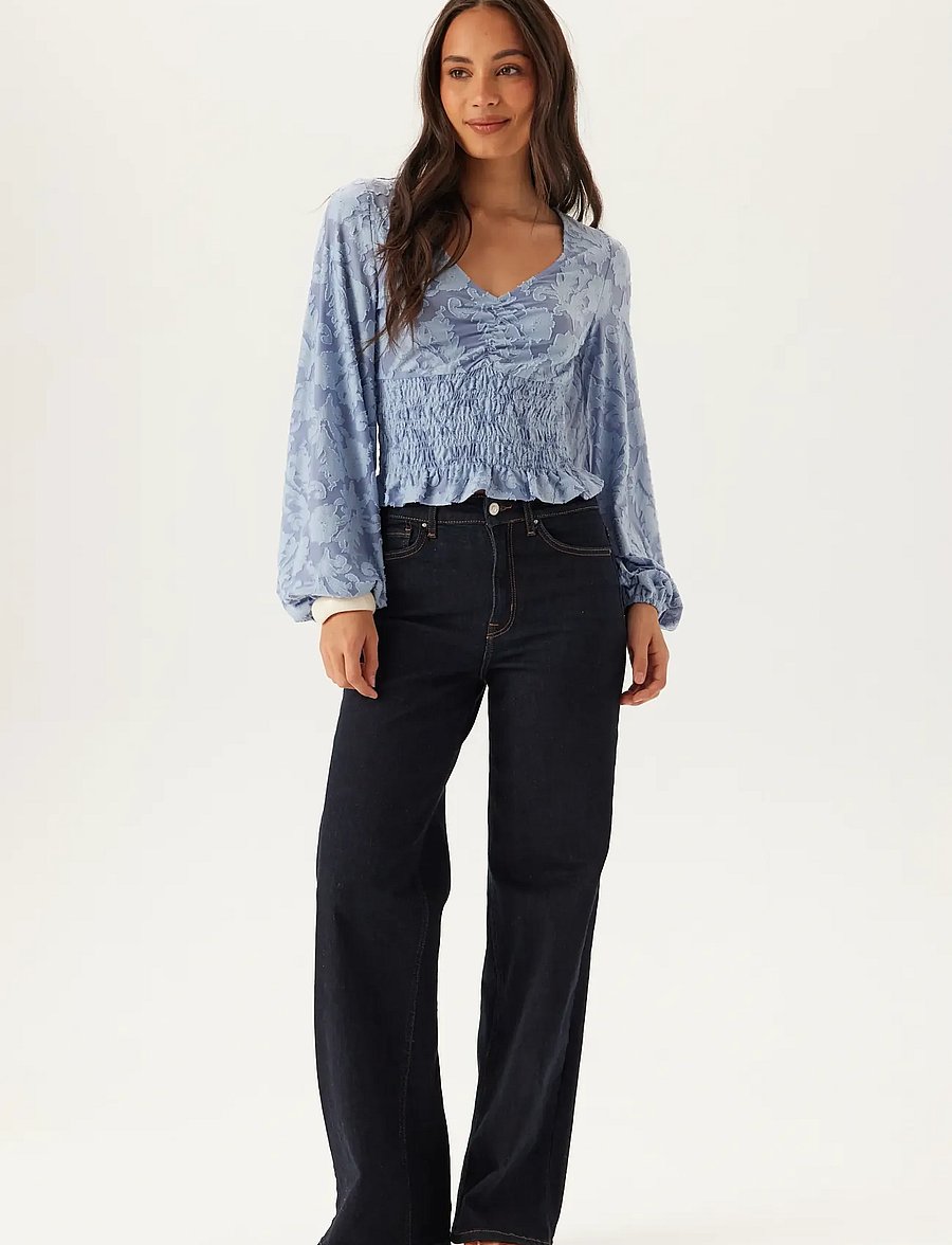 Bubbleroom - Structure Floral Smock Top - langärmelige blusen - light blue - 5