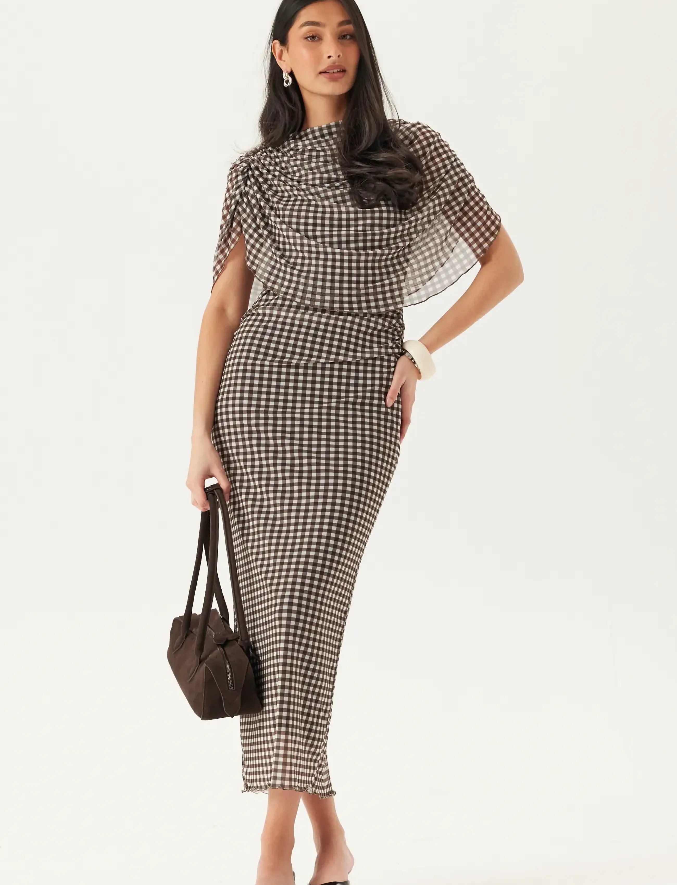 Bubbleroom Cape Mesh Ankle Dress - Kleider - BROWN/CHECKED / brown