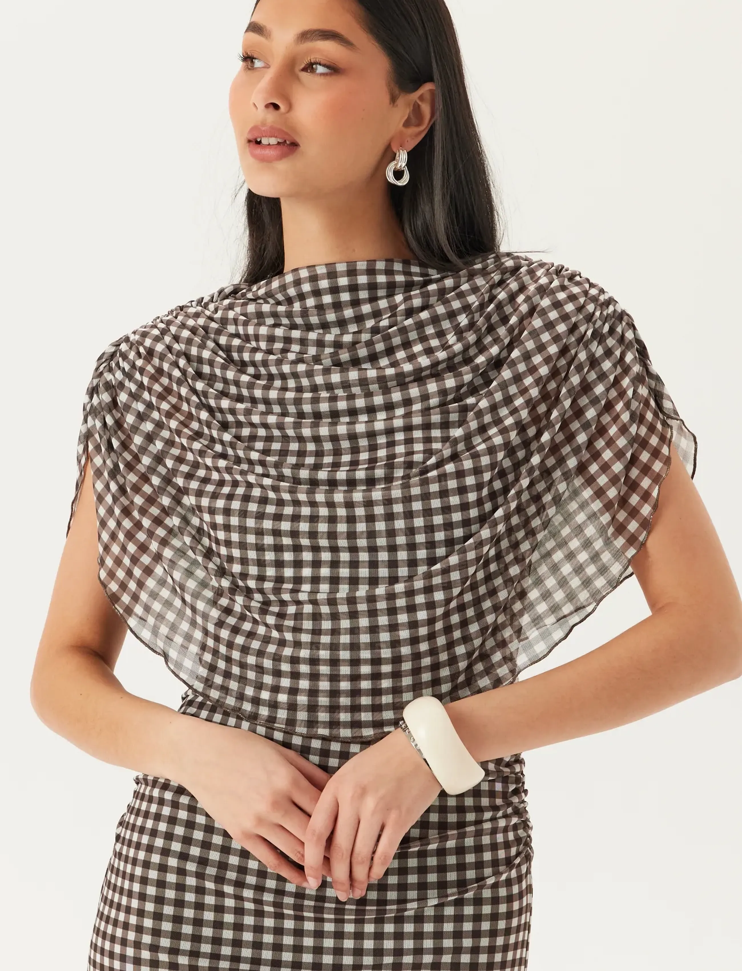 Bubbleroom - Cape Mesh Ankle Dress - aftonklänningar - brown/checked - 3