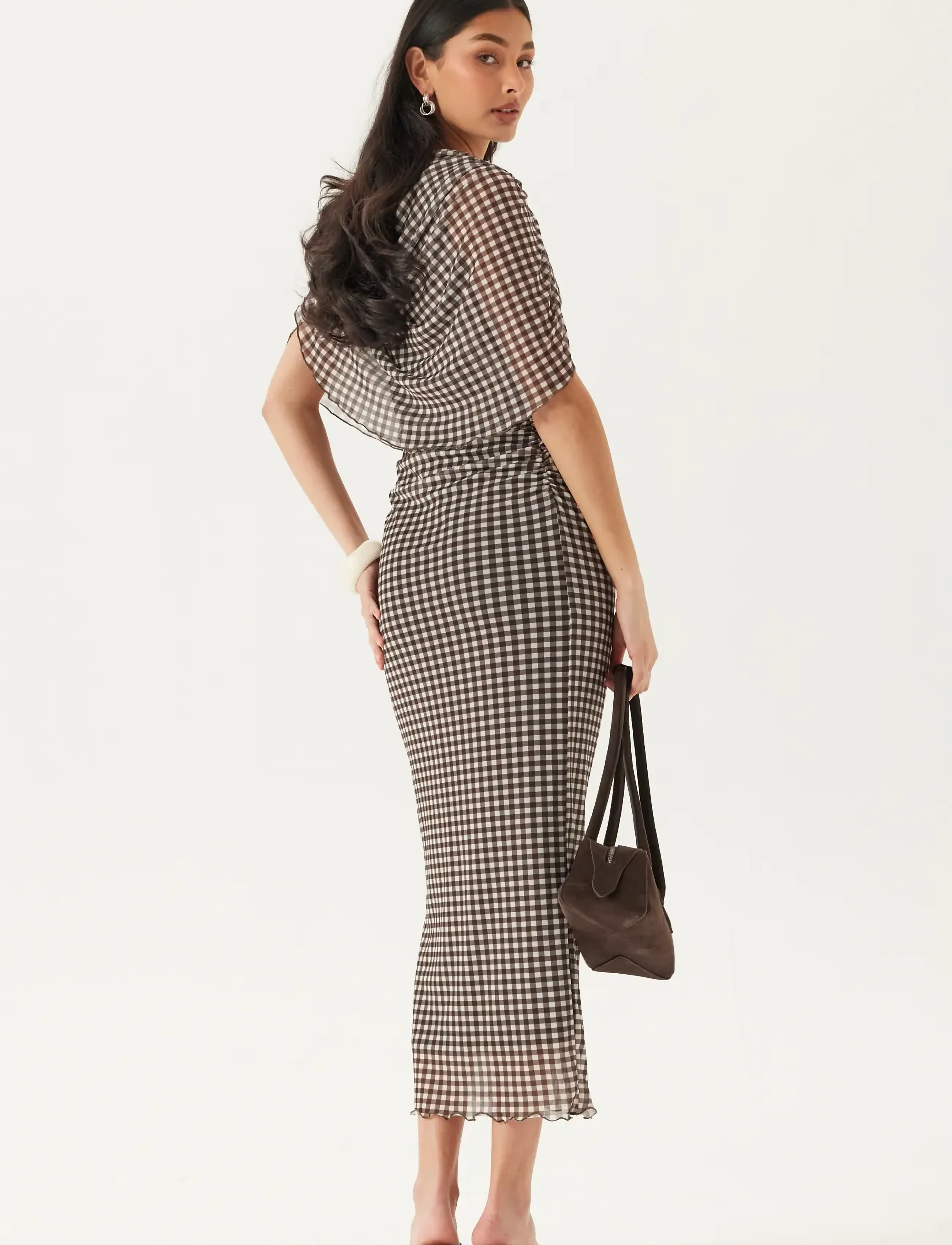 Bubbleroom - Cape Mesh Ankle Dress - aftonklänningar - brown/checked - 4