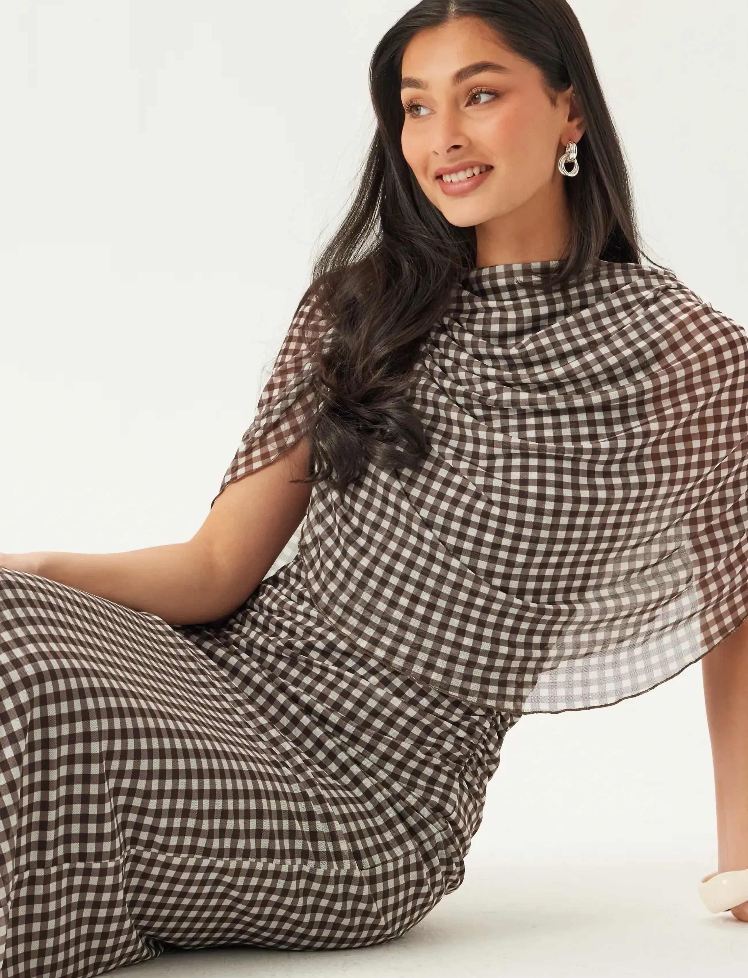 Bubbleroom - Cape Mesh Ankle Dress - aftonklänningar - brown/checked - 5