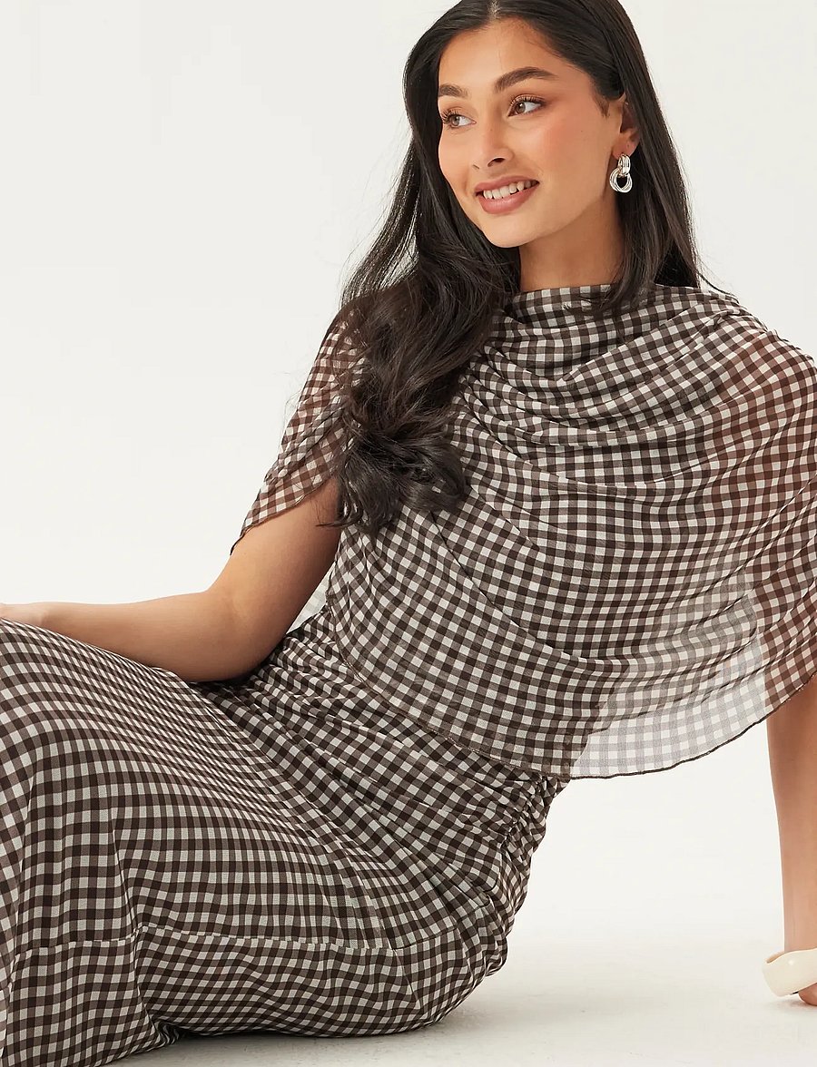 Bubbleroom - Cape Mesh Ankle Dress - aftonklänningar - brown/checked - 5