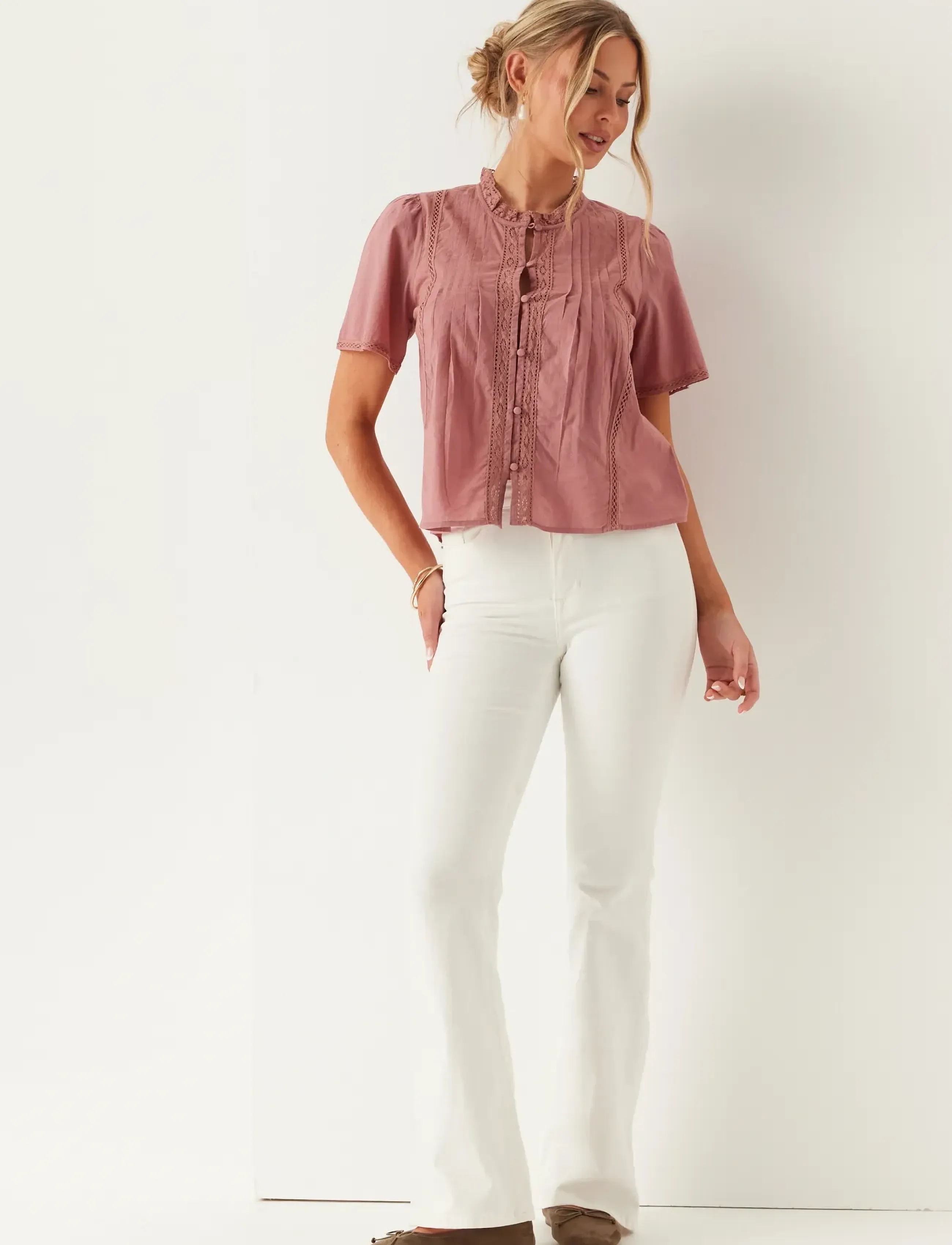 Bubbleroom - Pleated Detail Blouse - kortärmade blusar - dusty pink - 5