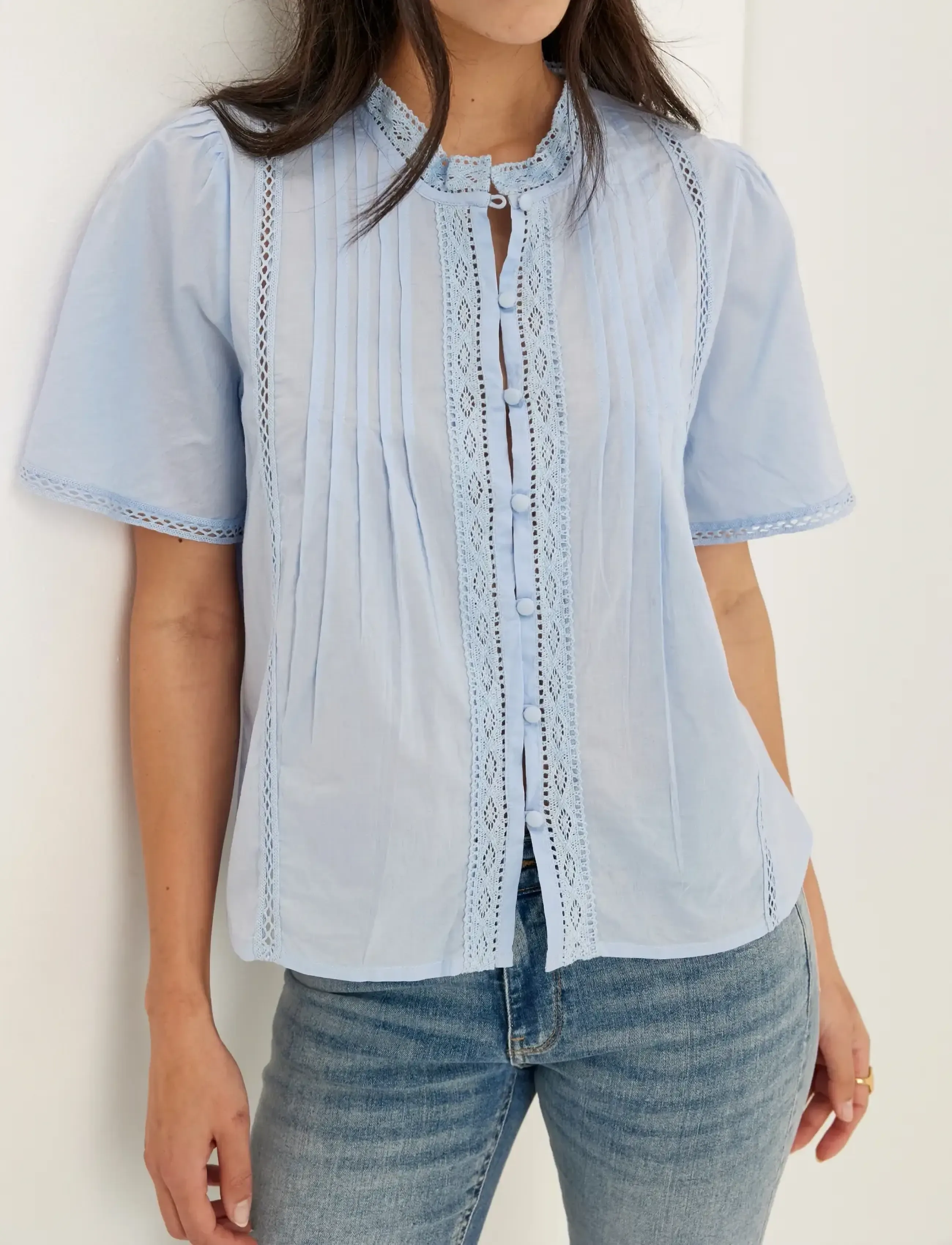 Bubbleroom Pleated Detail Blouse, XS, Blue, Bluser > Kortærmede, Dame