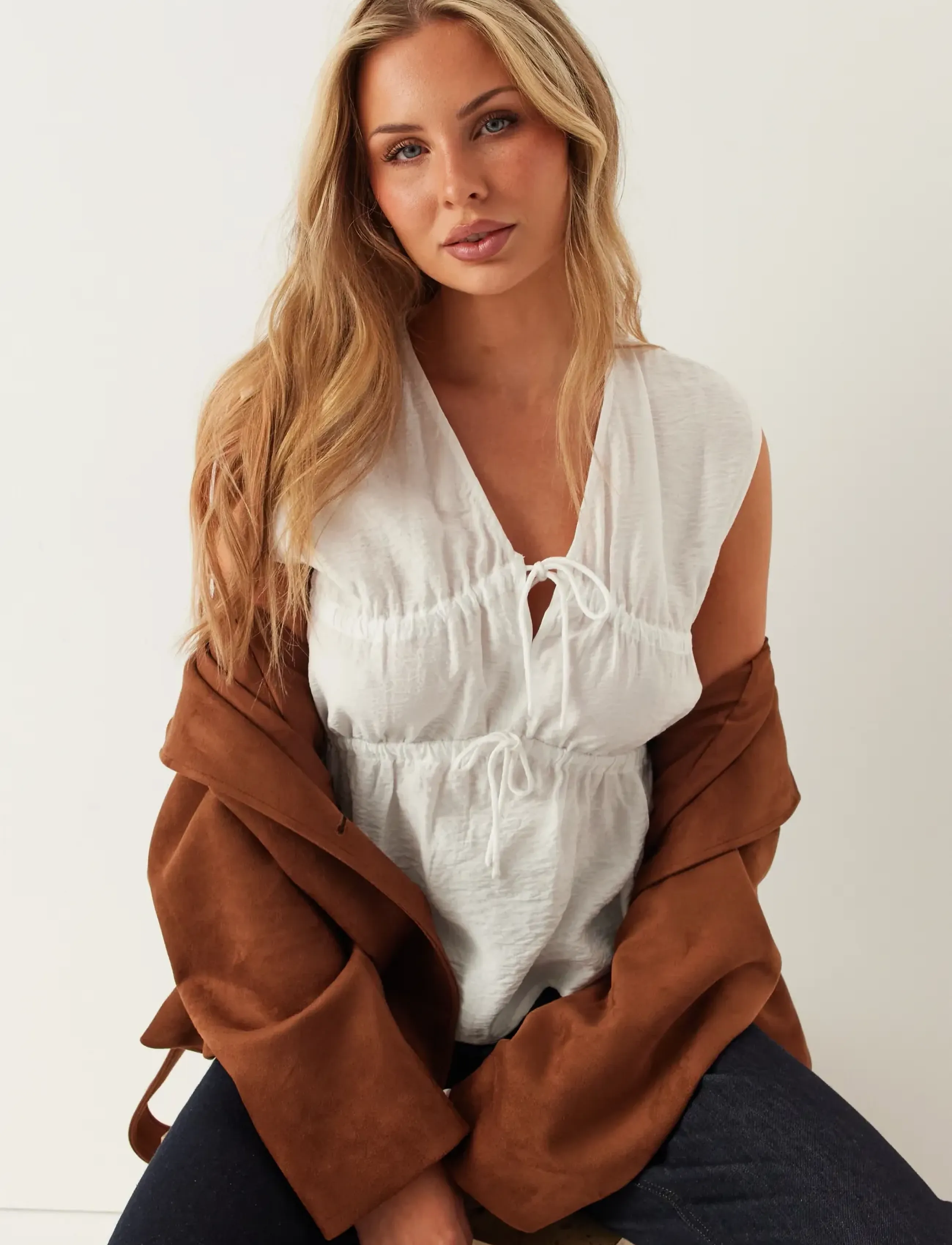 Bubbleroom Viscose Tie Detail Blouse - Blusen - WHITE / white