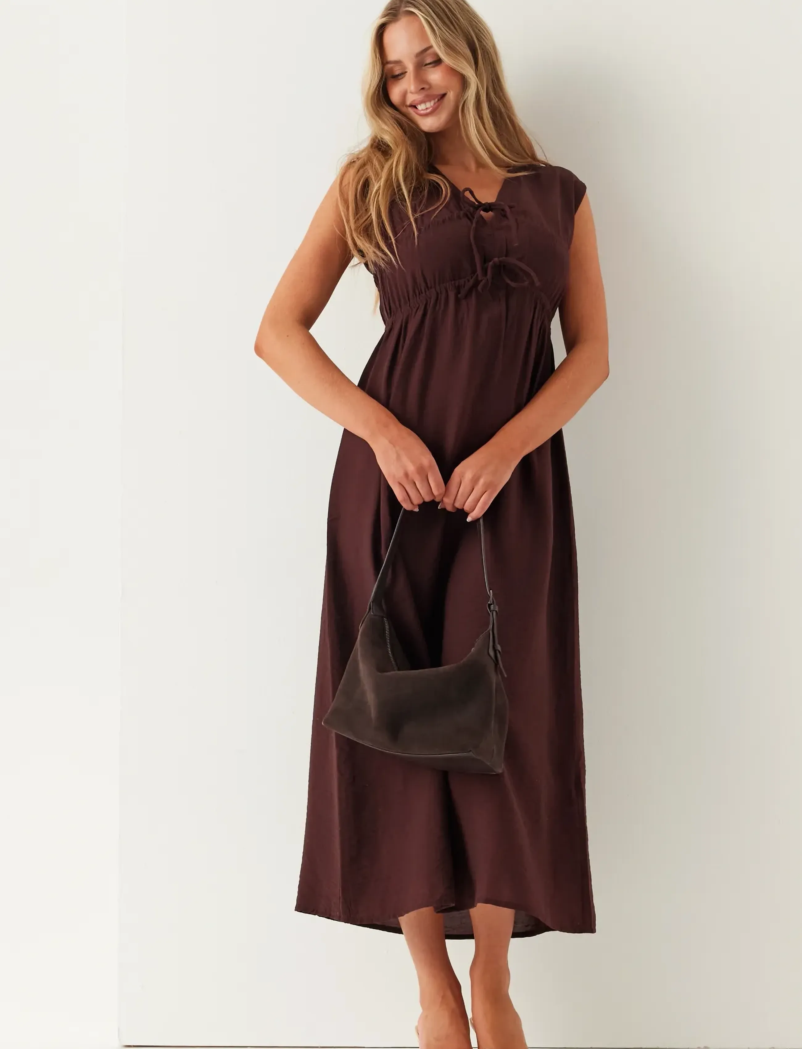 Bubbleroom Viscose Tie Detail Dress, S, Brown, Kjoler > Maxikjole, Dame