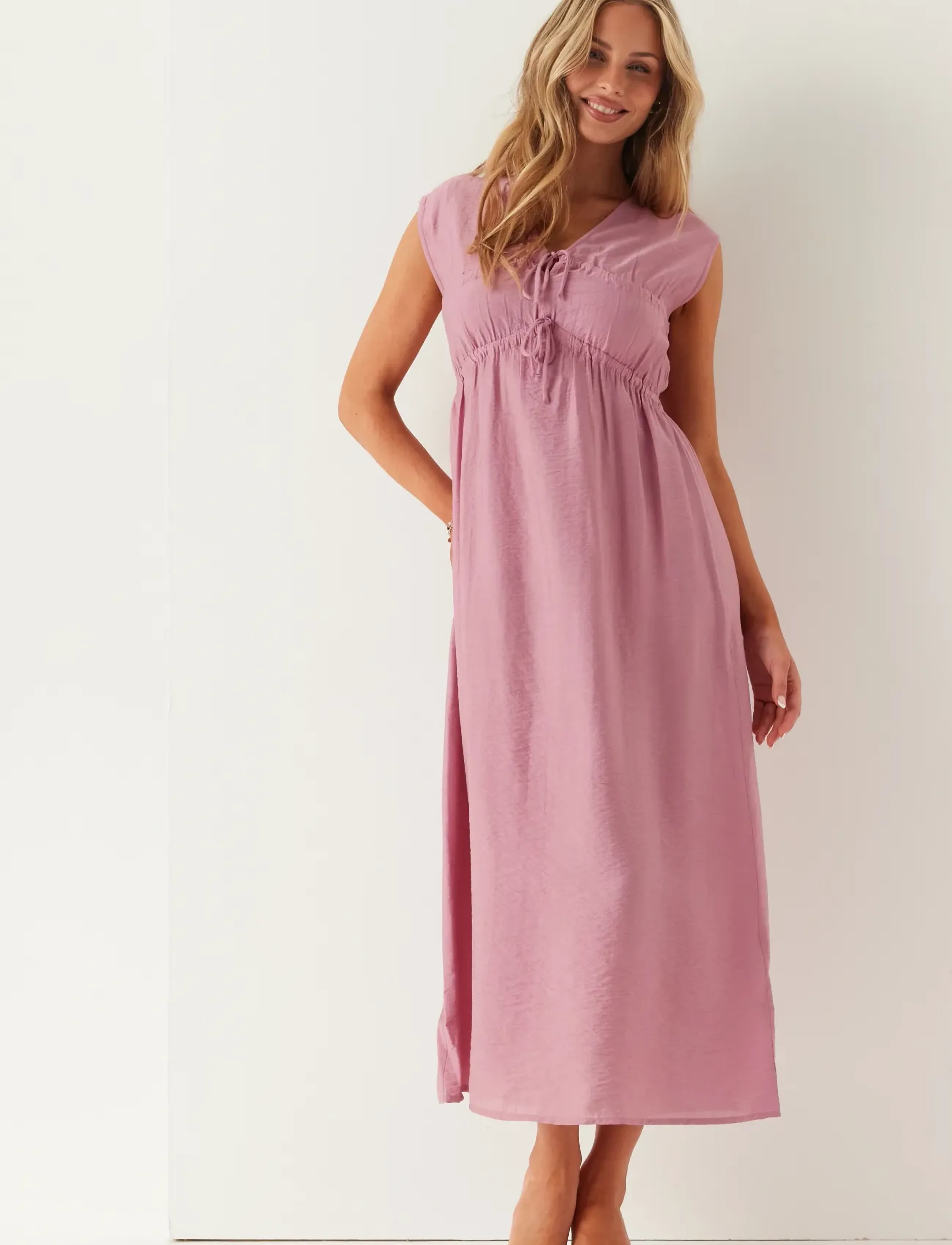 Bubbleroom Viscose Tie Detail Dress, S, Pink, Kjoler > Maxikjole, Dame