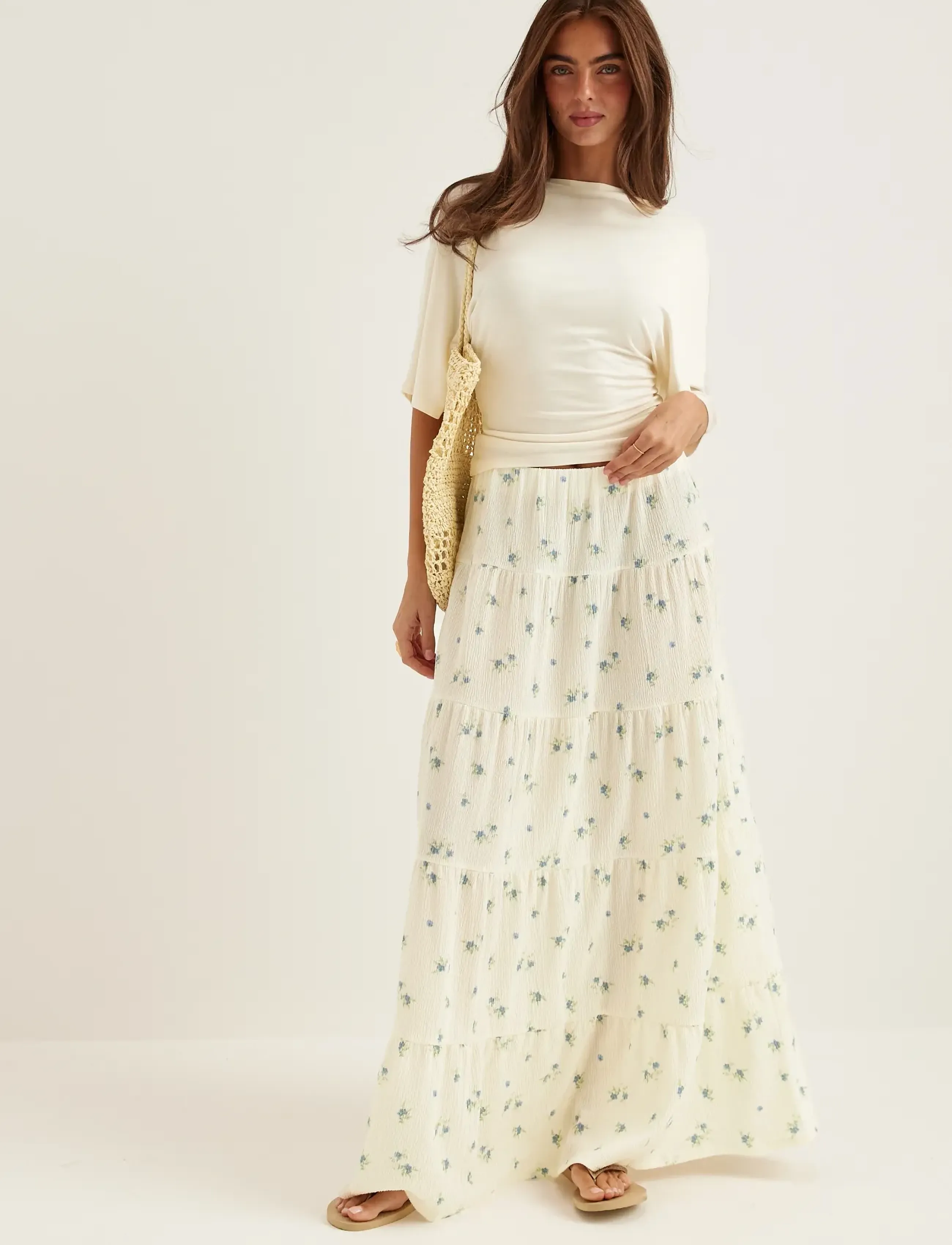 Bubbleroom Flounce Maxi Skirt, XL, Cream, Nederdele > Maxi Nederdele, Dame