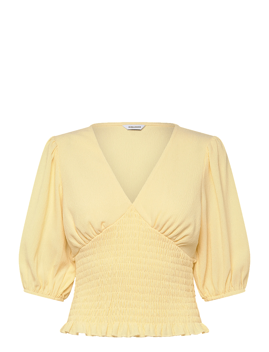 Bubbleroom - V-neck Smock Top - crop tops - light yellow - 1