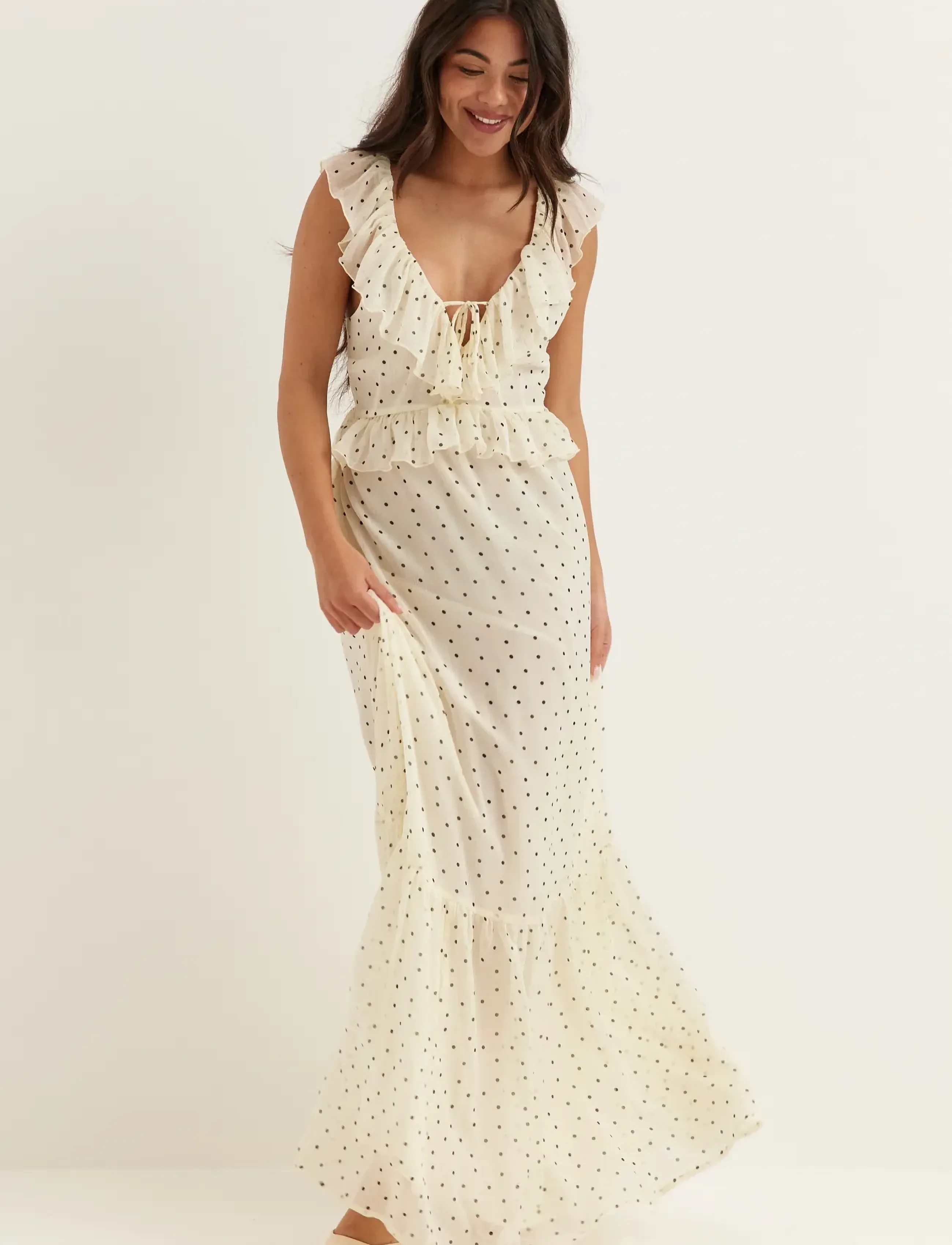 Bubbleroom Frill Tie Back Chiffon Maxi Dress - New arrivals - LIGHT YELLOW/PATTERNED / cream