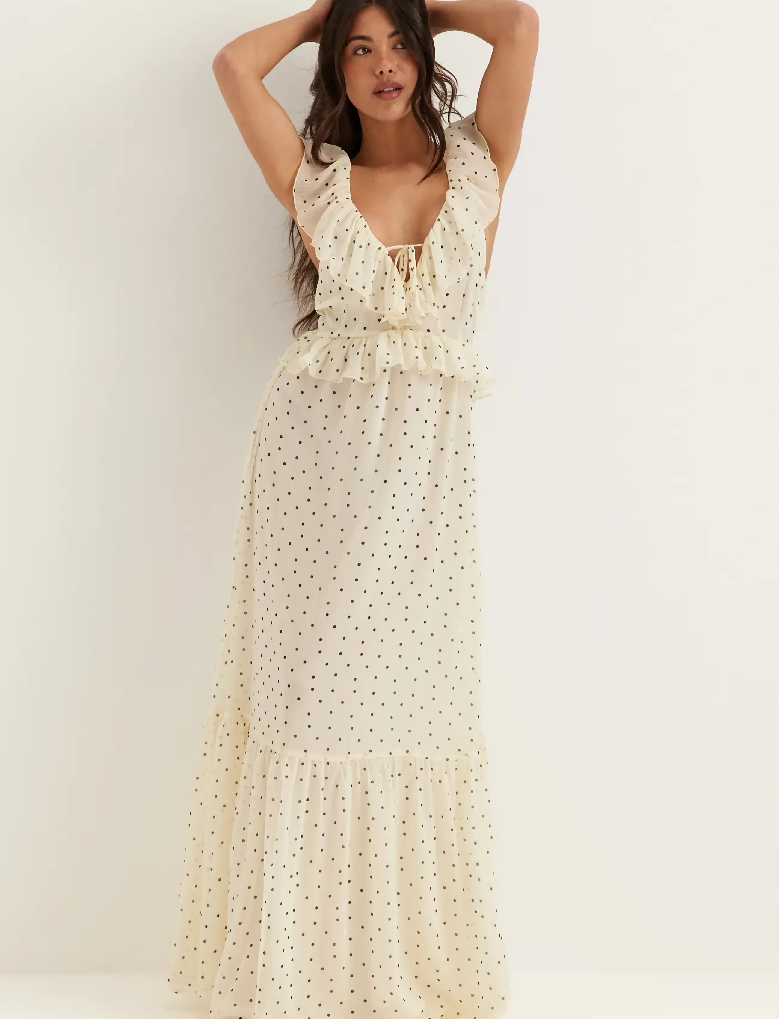 Bubbleroom - Frill Tie Back Chiffon Maxi Dress - maxikleider - light yellow/patterned - 4