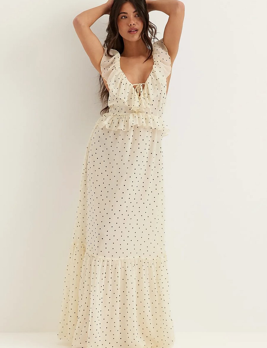 Bubbleroom - Frill Tie Back Chiffon Maxi Dress - maxikleider - light yellow/patterned - 4