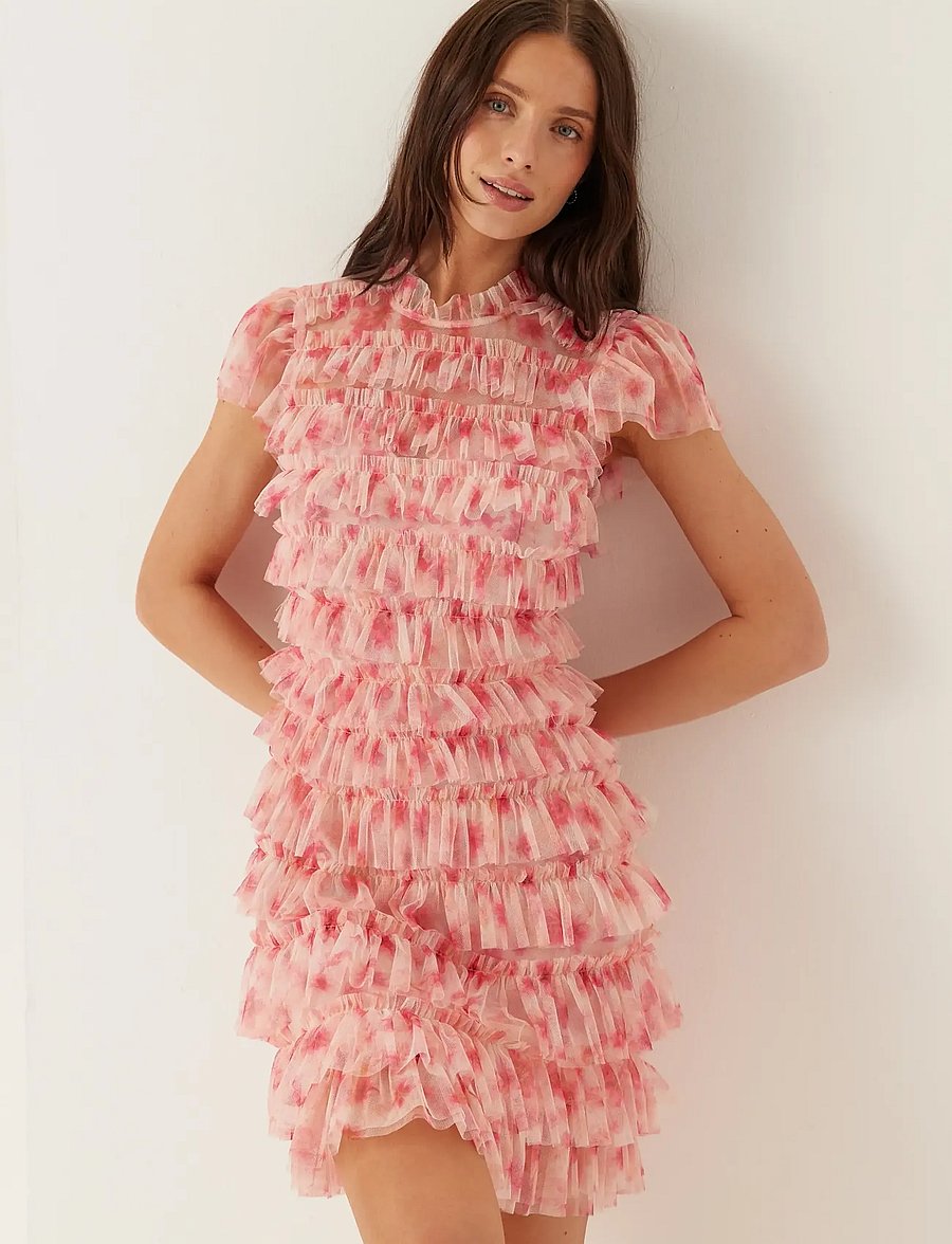 Bubbleroom - High Neck Tulle Frill Dress - korte kjoler - pink/floral - 3