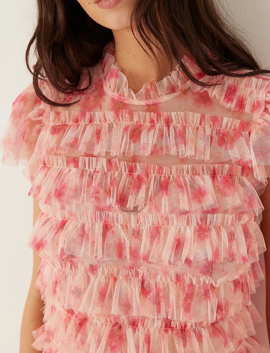 Bubbleroom - High Neck Tulle Frill Dress - korte kjoler - pink/floral - 5