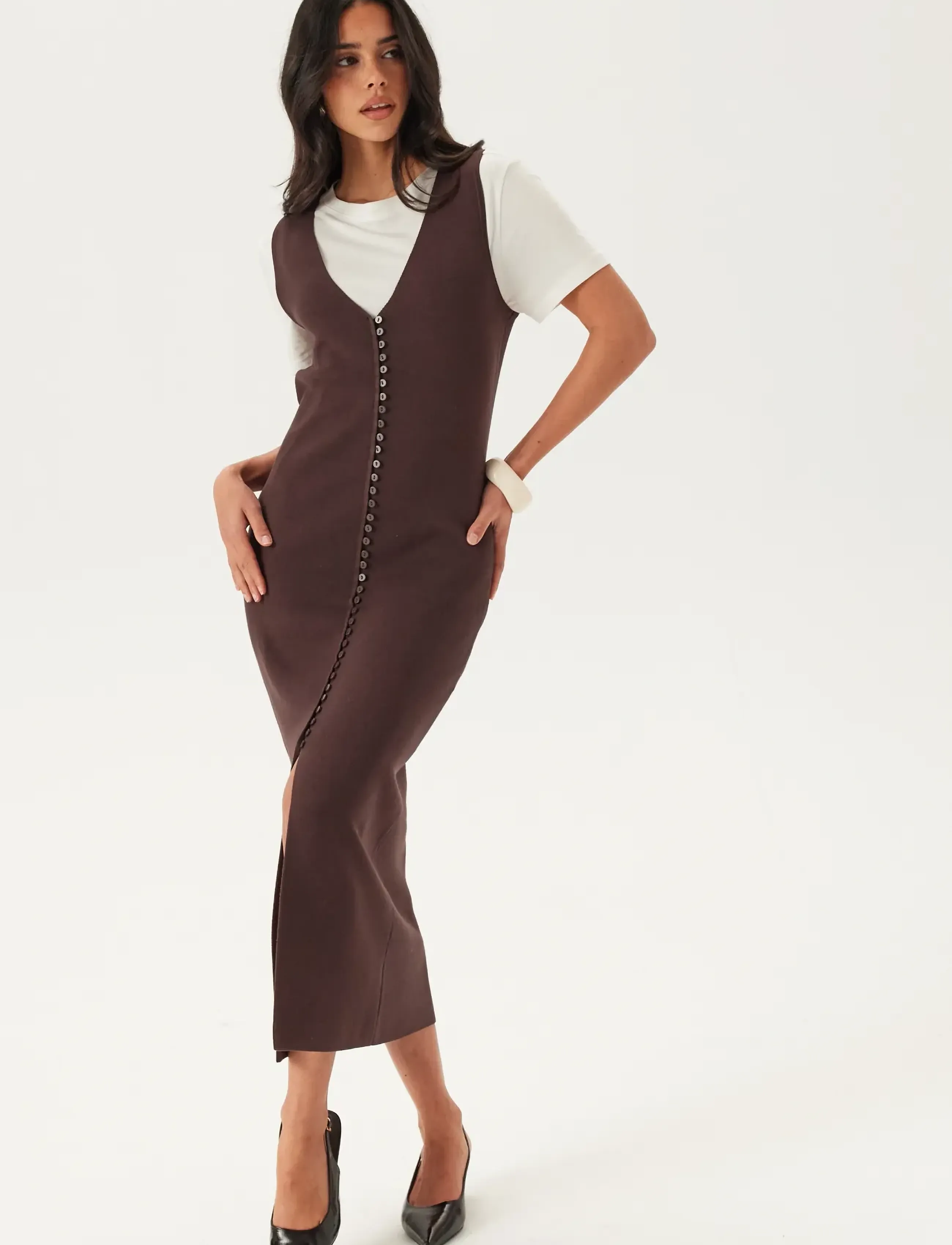 Bubbleroom Knitted Vest Dress - Sukienki - BROWN / brown