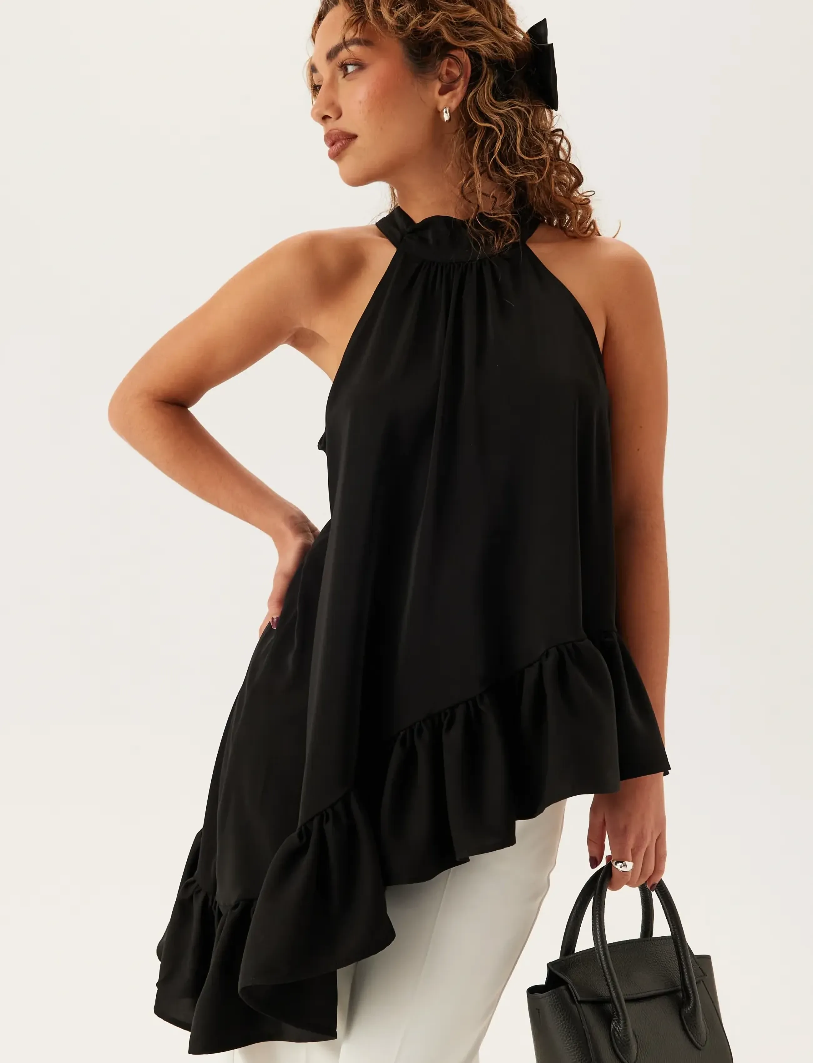 Bubbleroom Asymmetric Halter Neck Blouse, M, Black, Bluser > Uden Ærmer, Dame