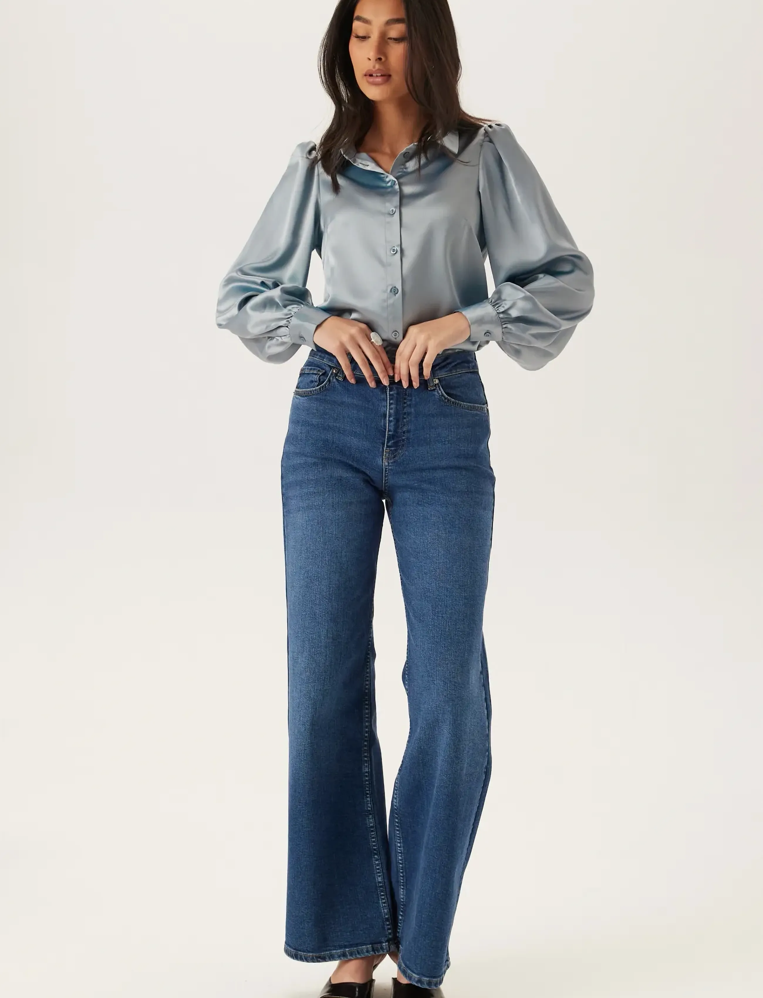 Bubbleroom Puff Sleeve Satin Shirt Närmarknad, Kvinder, Pufærmet Satin Skjorte, Blå, Str: 38