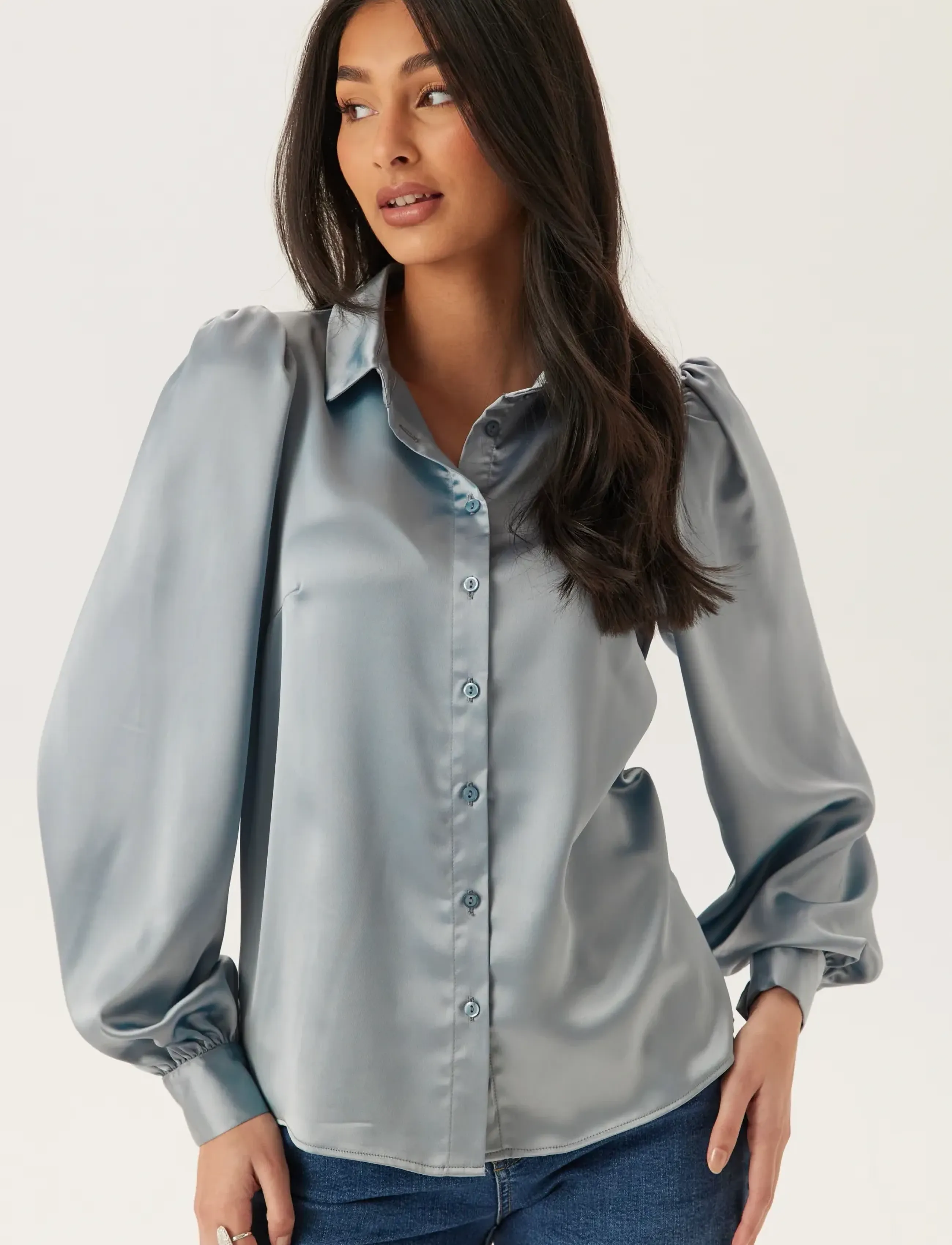 Bubbleroom - Puff Sleeve Satin Shirt NÄRMARKNAD - overhemden met lange mouwen - dusty blue - 3