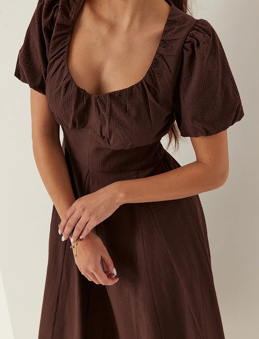 Bubbleroom - Seersucker Midi Dress - sommarklänningar - dark brown - 3