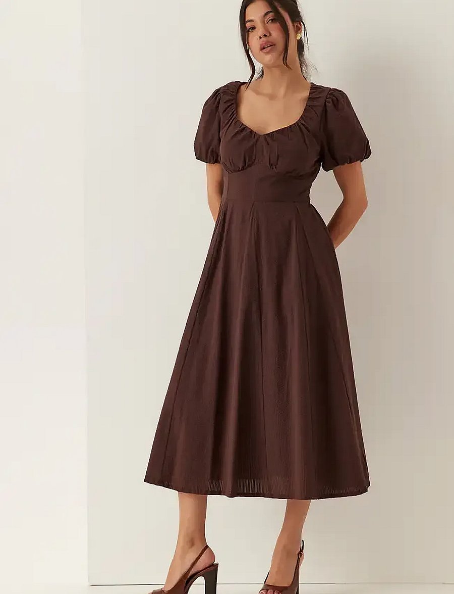 Bubbleroom - Seersucker Midi Dress - sommarklänningar - dark brown - 4