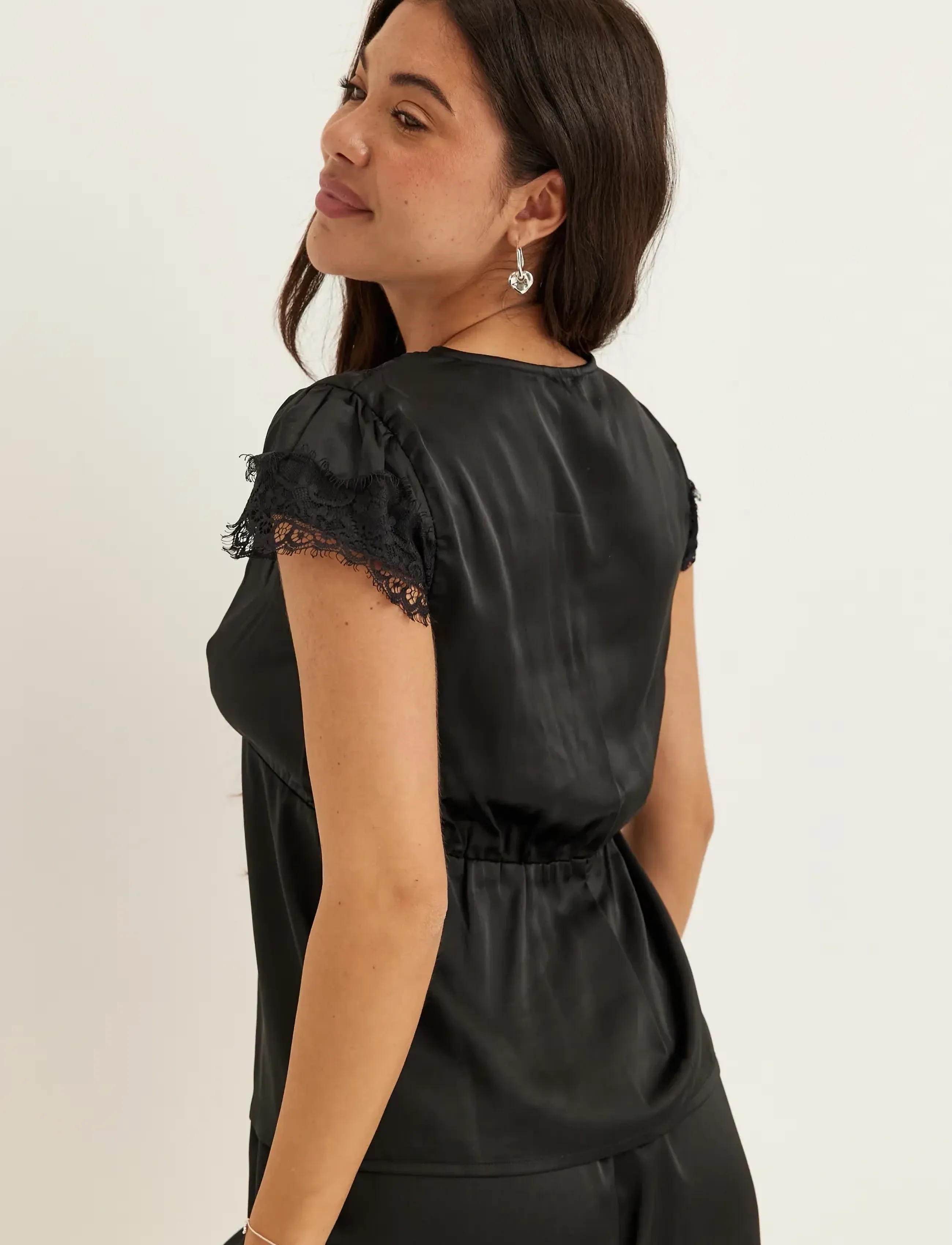 Bubbleroom - Satin Lace Blouse - black - 3