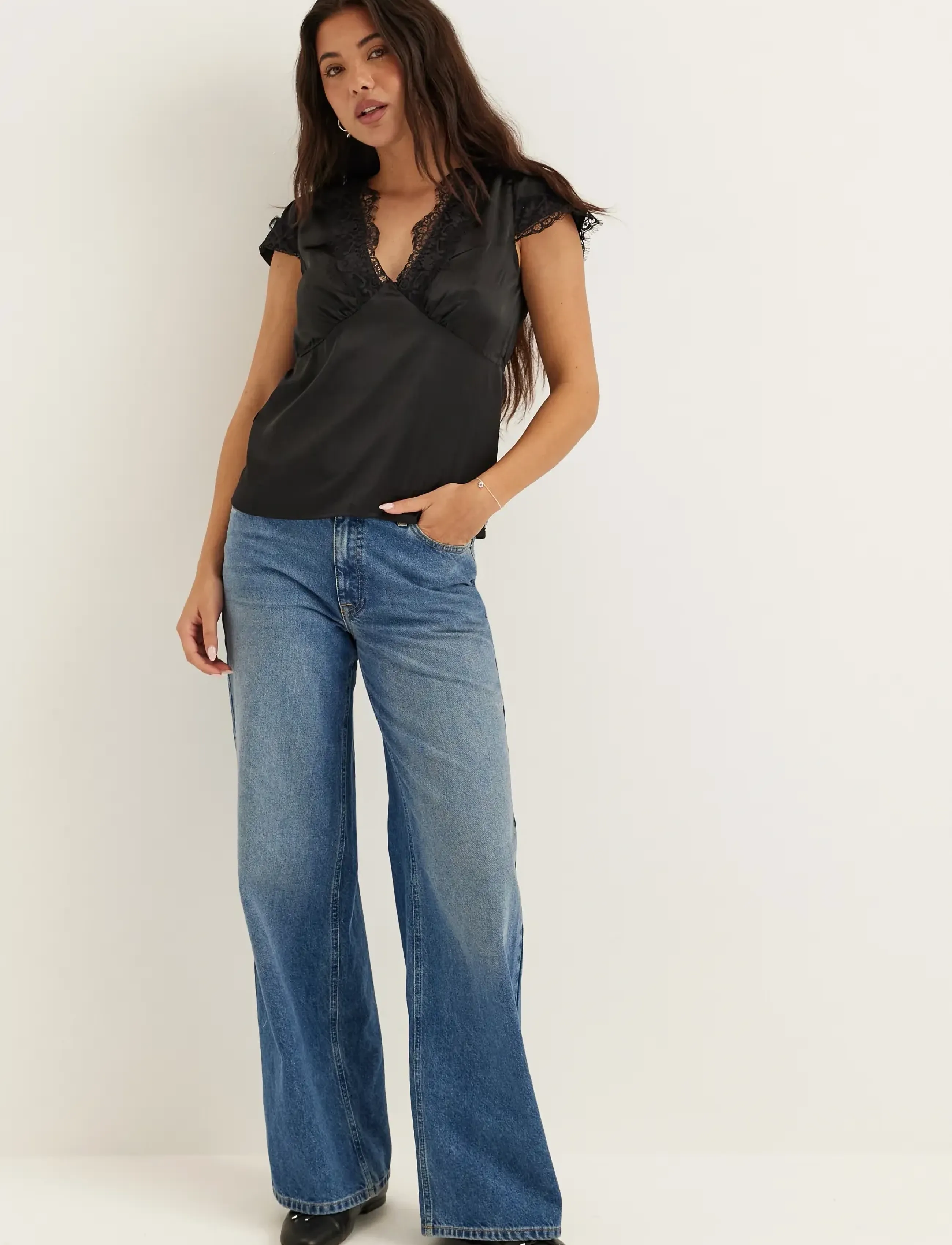 Bubbleroom - Satin Lace Blouse - short-sleeved blouses - black - 5