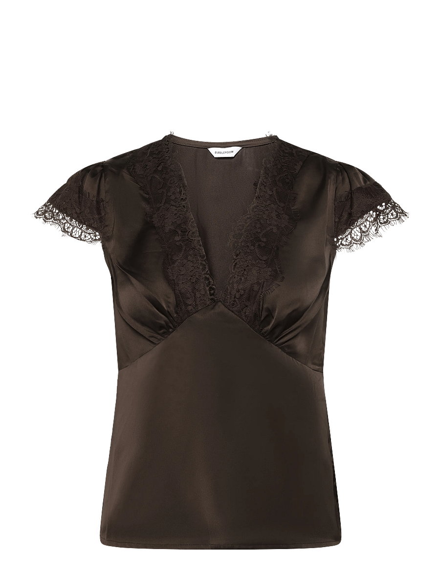 Bubbleroom - Satin Lace Blouse - lühikeste varrukatega pluusid - brown - 1