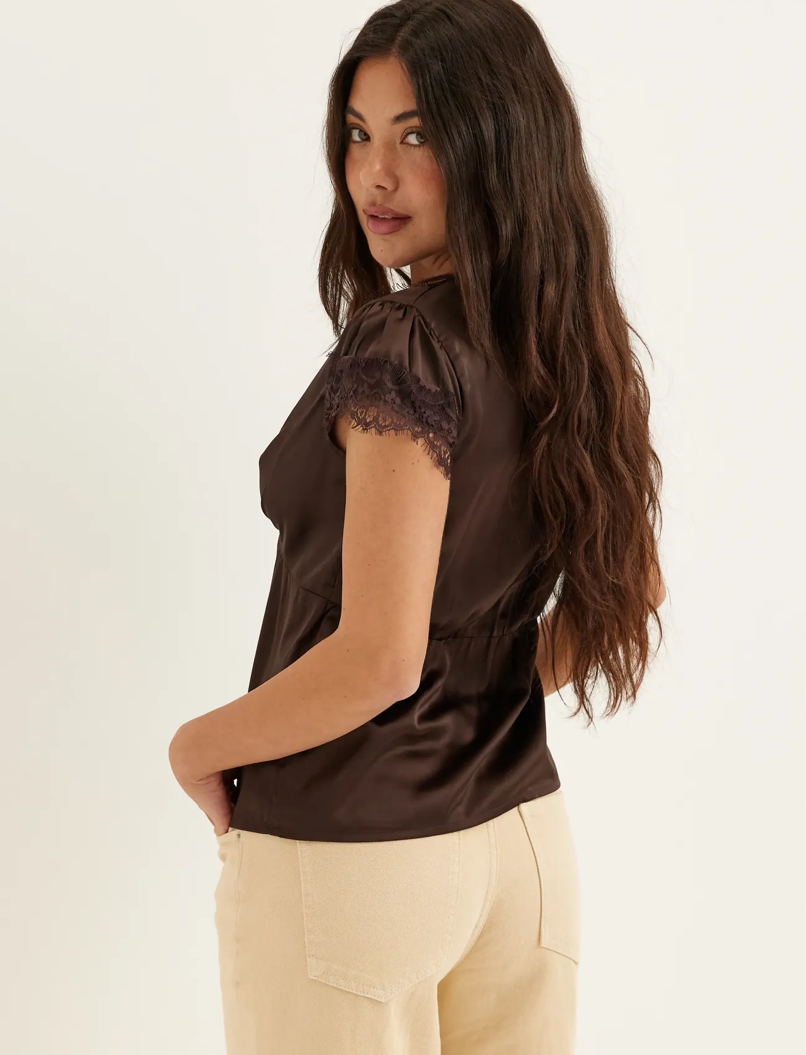 Bubbleroom - Satin Lace Blouse - brown - 3