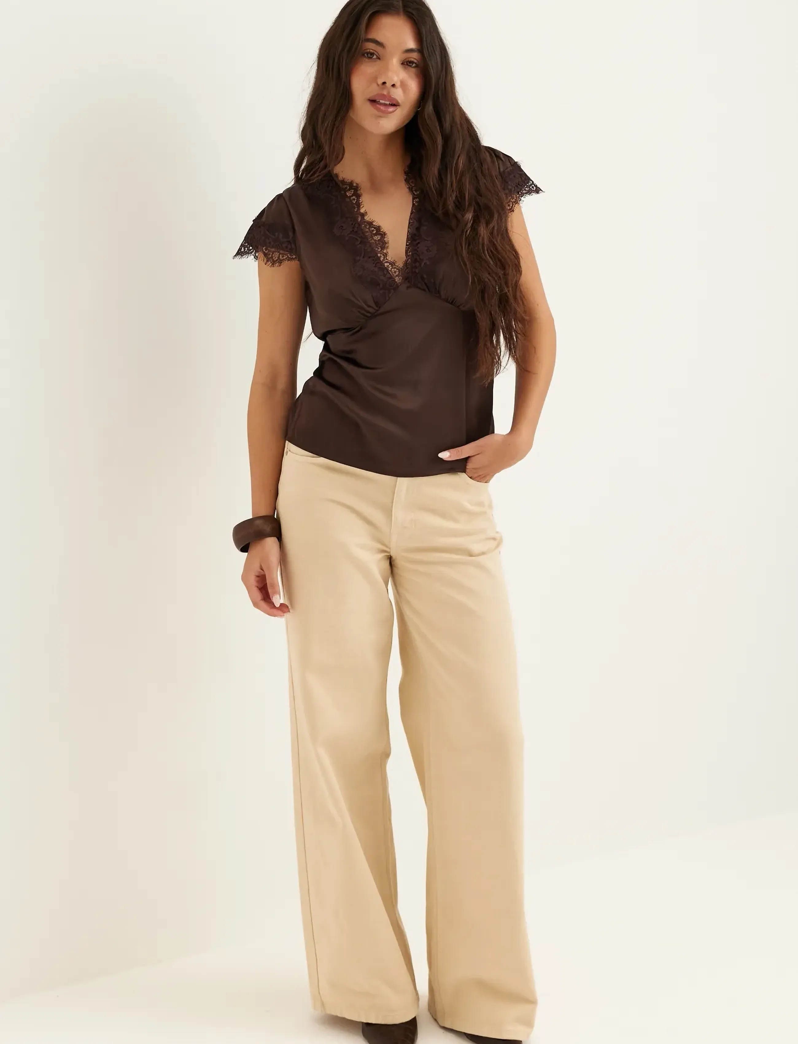 Bubbleroom - Satin Lace Blouse - brown - 5