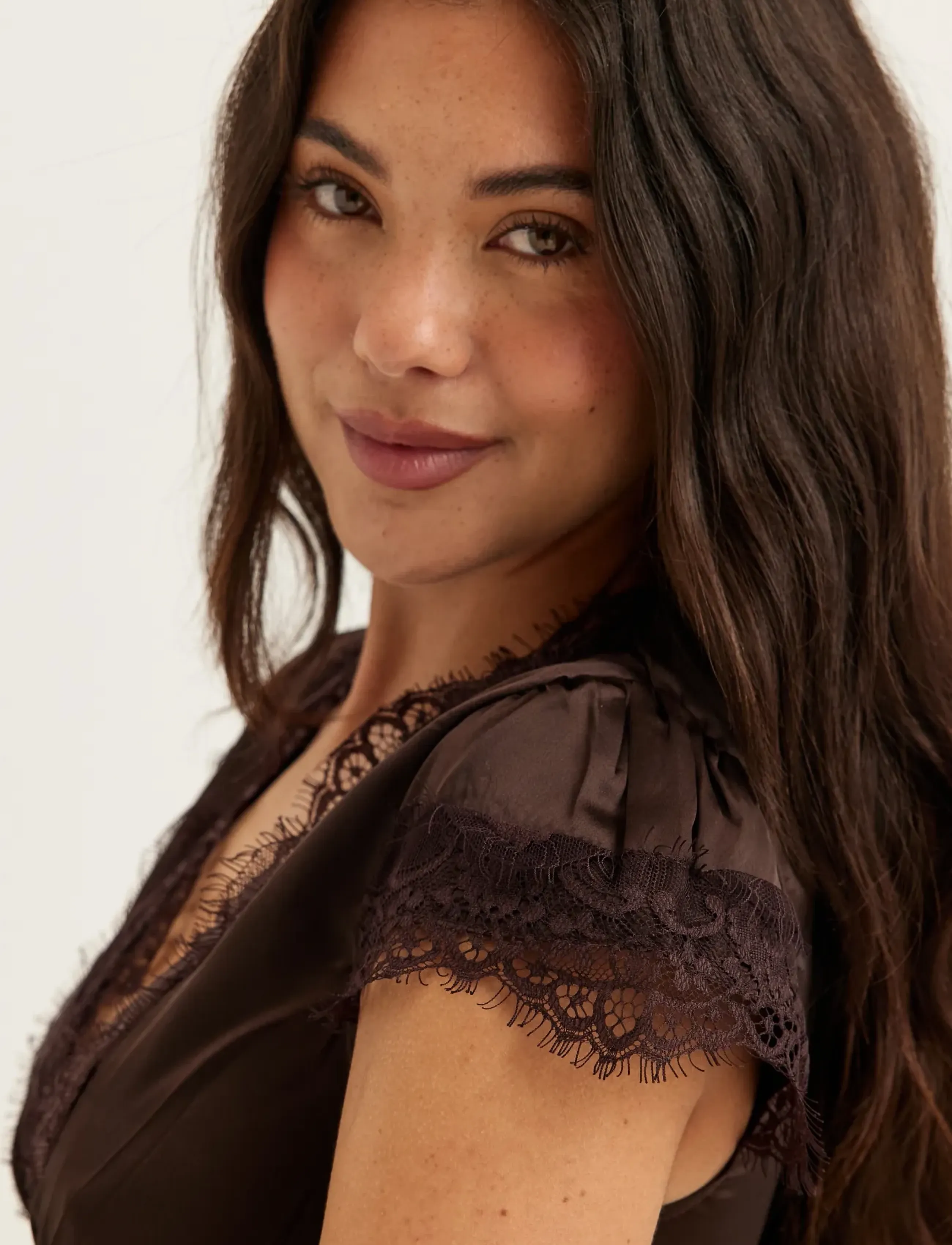 Bubbleroom - Satin Lace Mini Dress - brown - 5