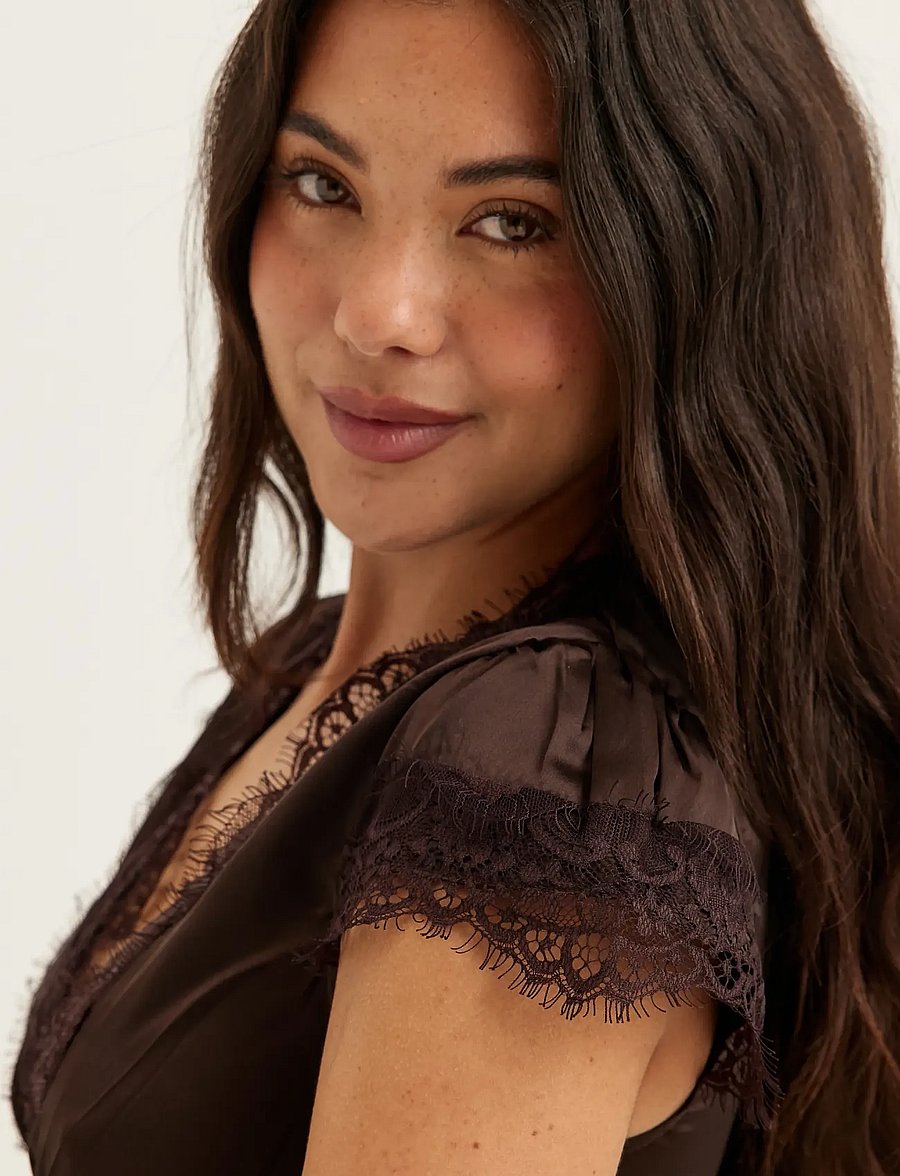 Bubbleroom - Satin Lace Mini Dress - partykleider - brown - 5