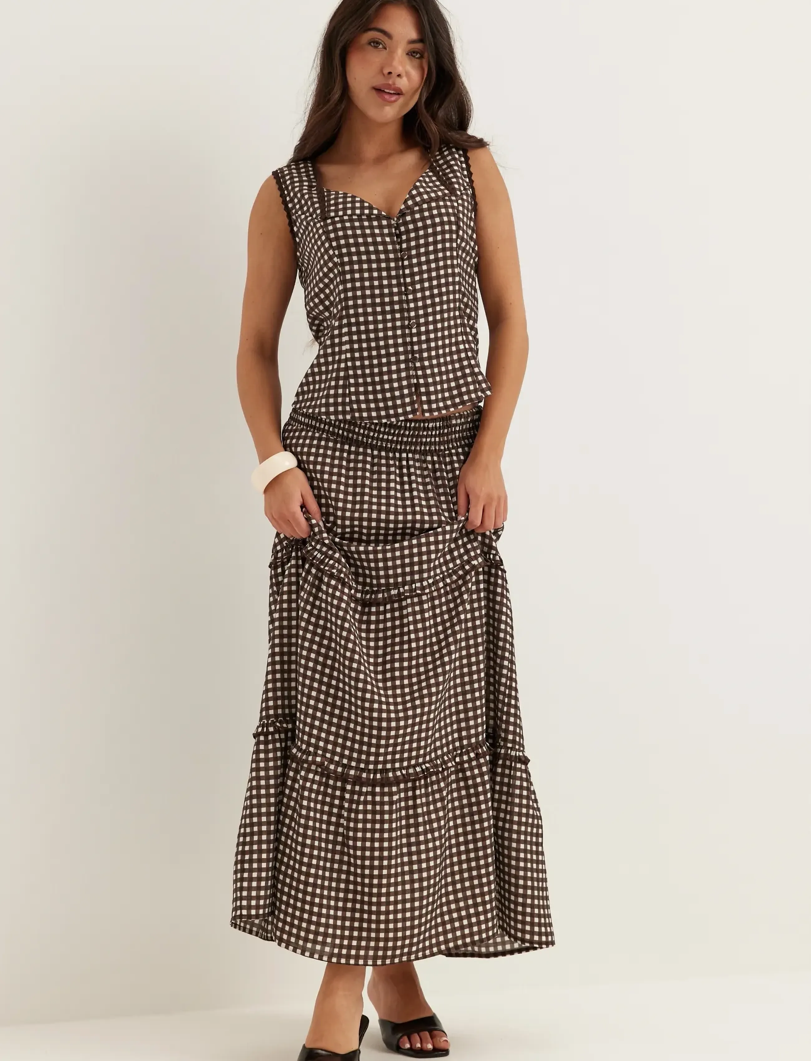 Bubbleroom Frill Maxi Skirt, S, Brown, Nederdele > Maxi Nederdele, Dame