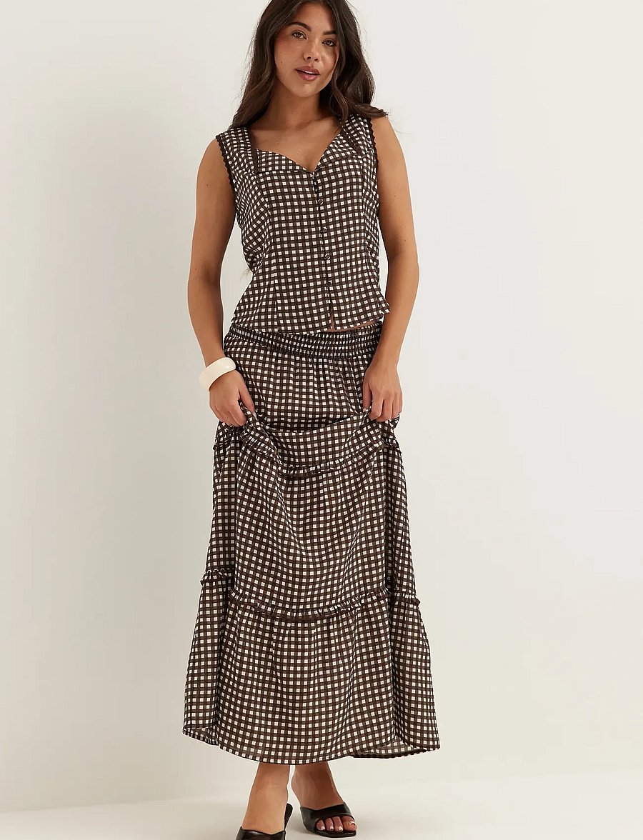 Bubbleroom - Frill Maxi Skirt - maxi röcke - brown/checked - 0