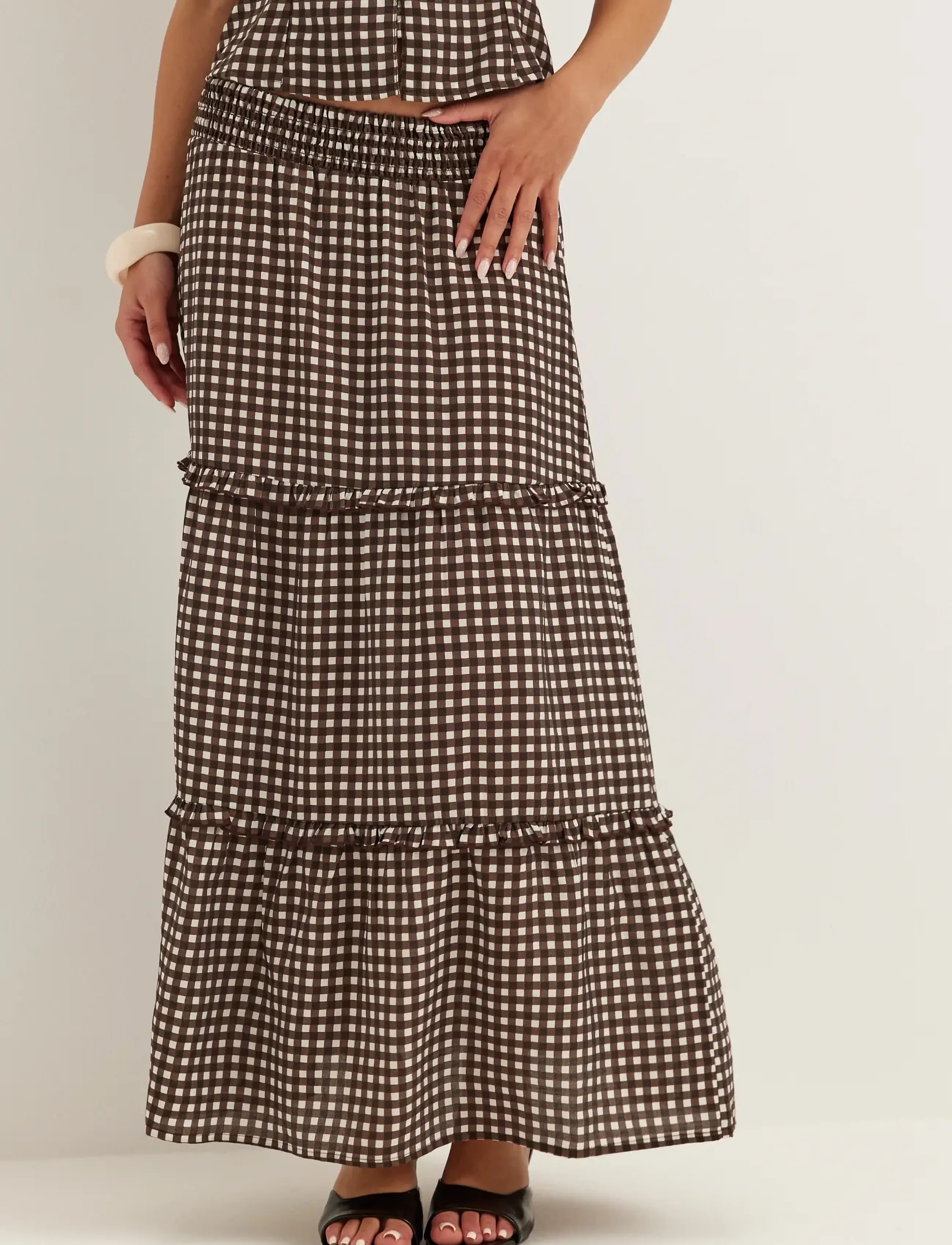 Bubbleroom - Frill Maxi Skirt - brown/checked - 3