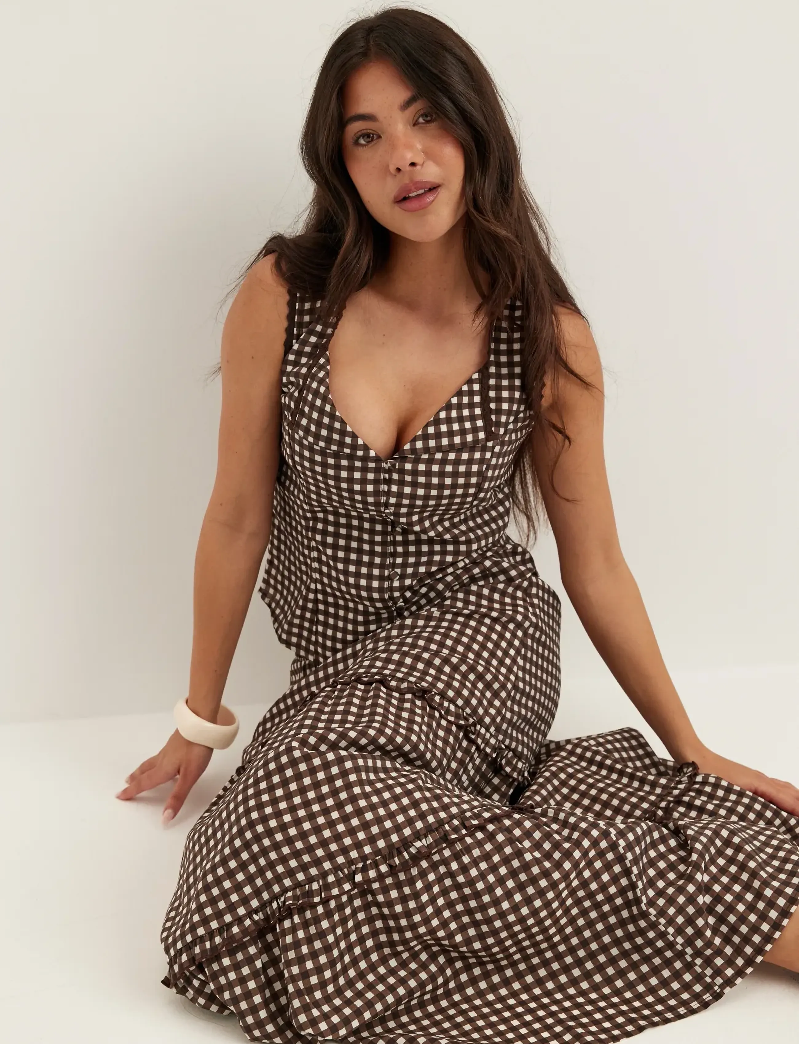 Bubbleroom - Frill Maxi Skirt - brown/checked - 5