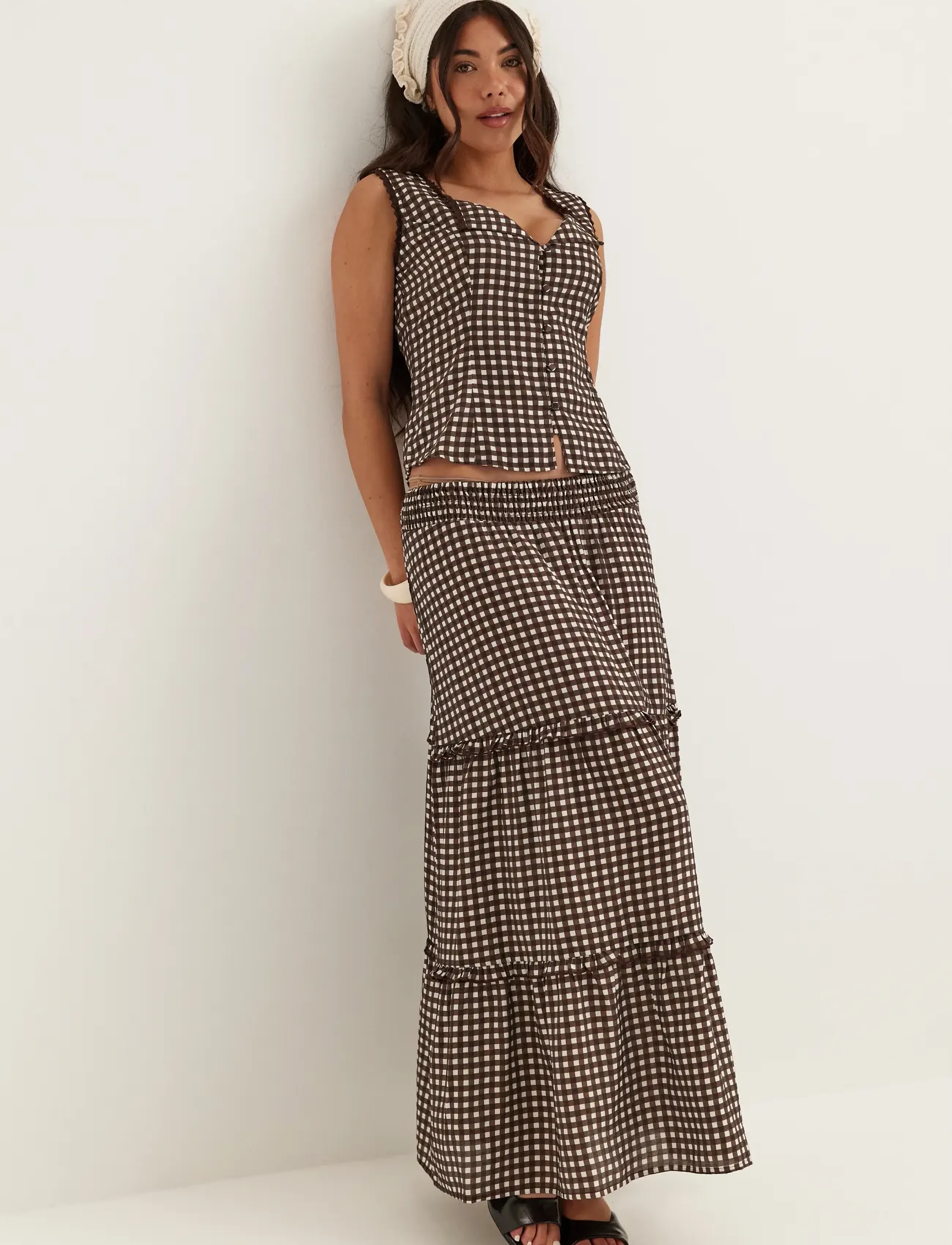 Bubbleroom - Lace Detail Shaped Vest - brown/checked - 5