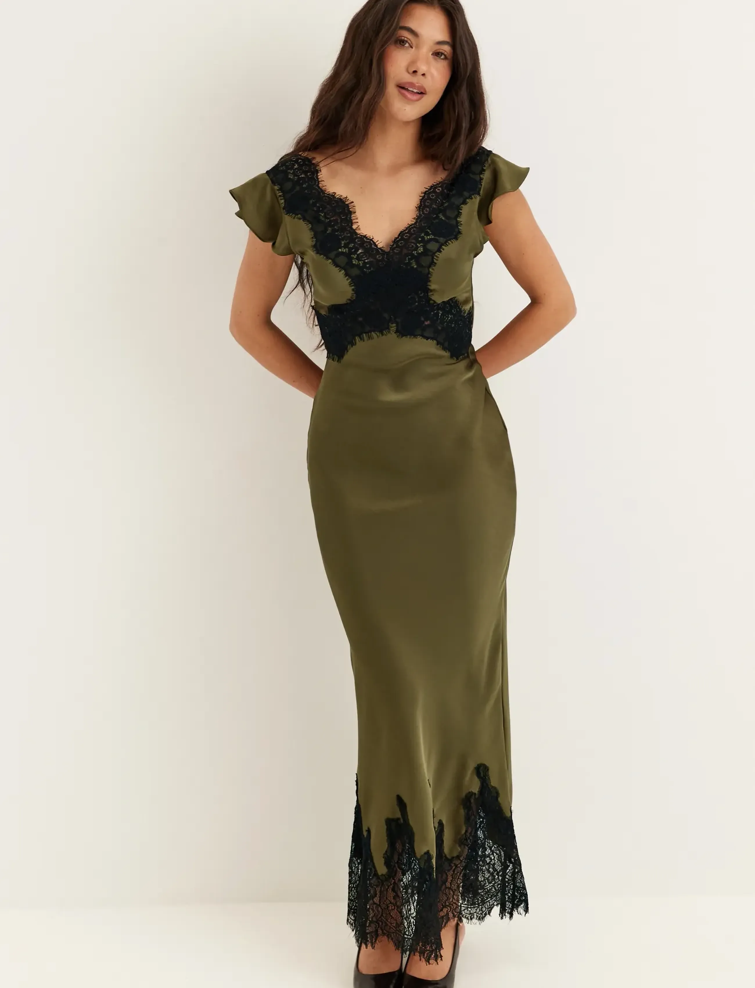 Bubbleroom Lace Satin Maxi Dress - Spitzenkleider - OLIVE GREEN / khaki/green