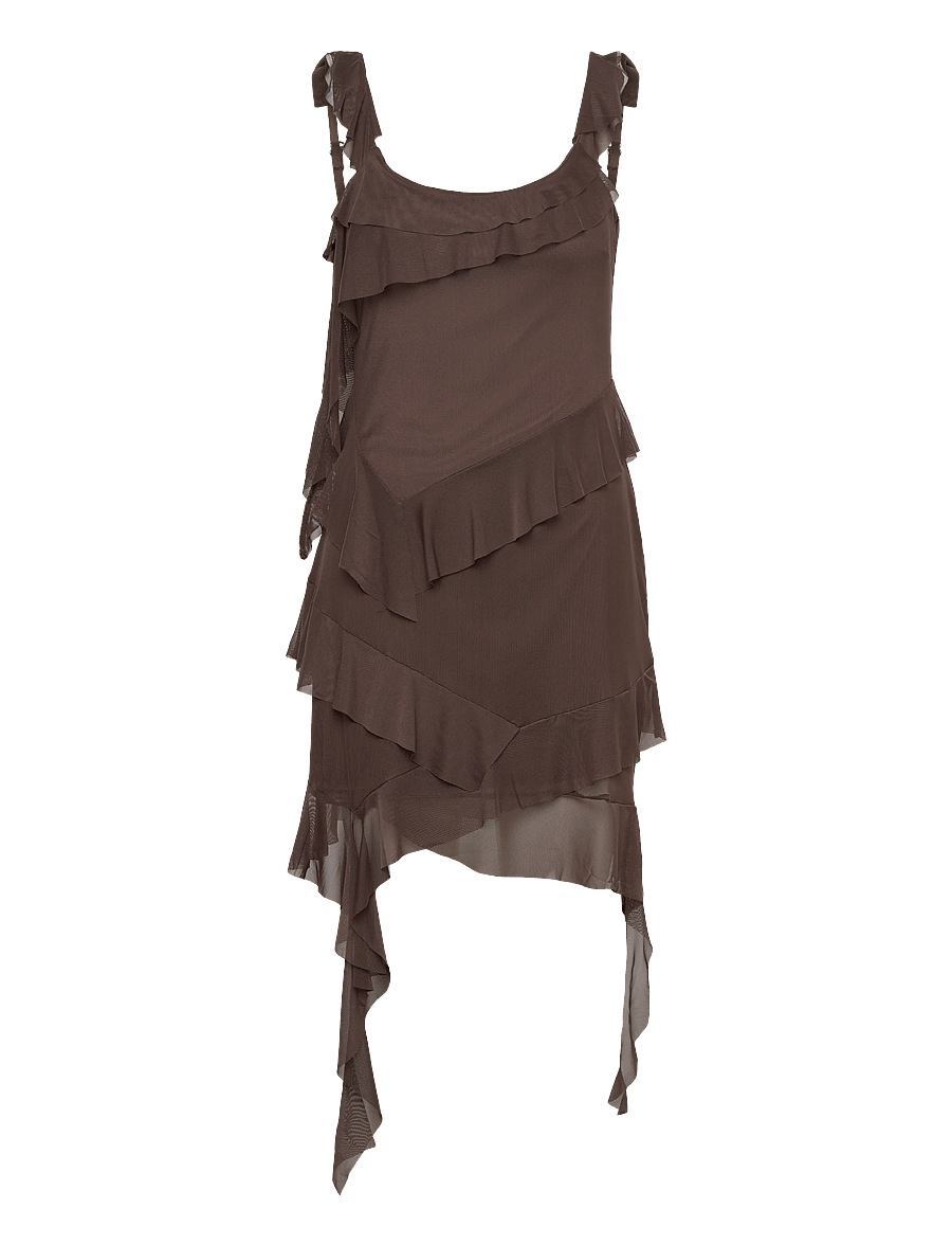 Bubbleroom - Flounce Mesh Short Dress - minikleidid - dark brown - 1