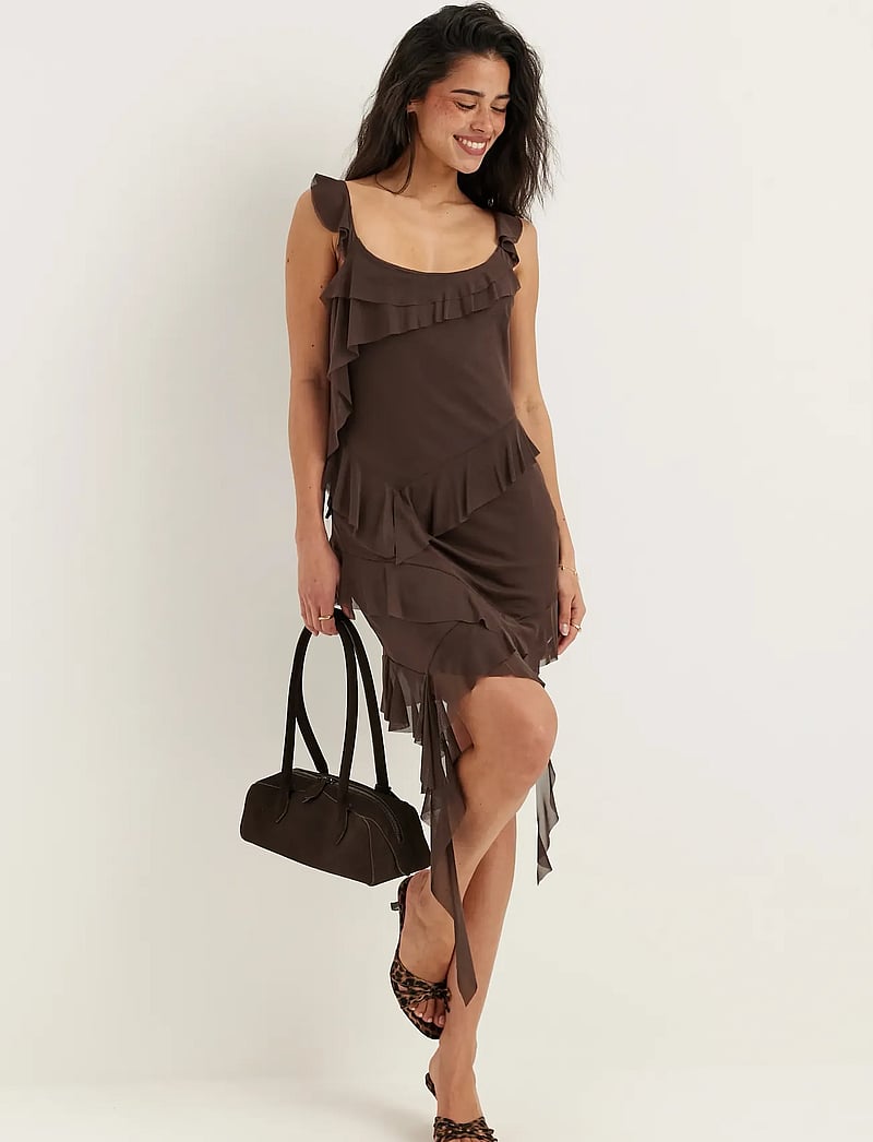 Bubbleroom - Flounce Mesh Short Dress - korte kjoler - dark brown - 0