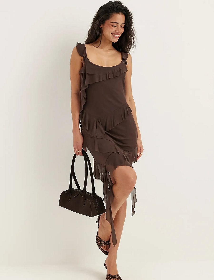 Bubbleroom - Flounce Mesh Short Dress - minikleidid - dark brown - 0