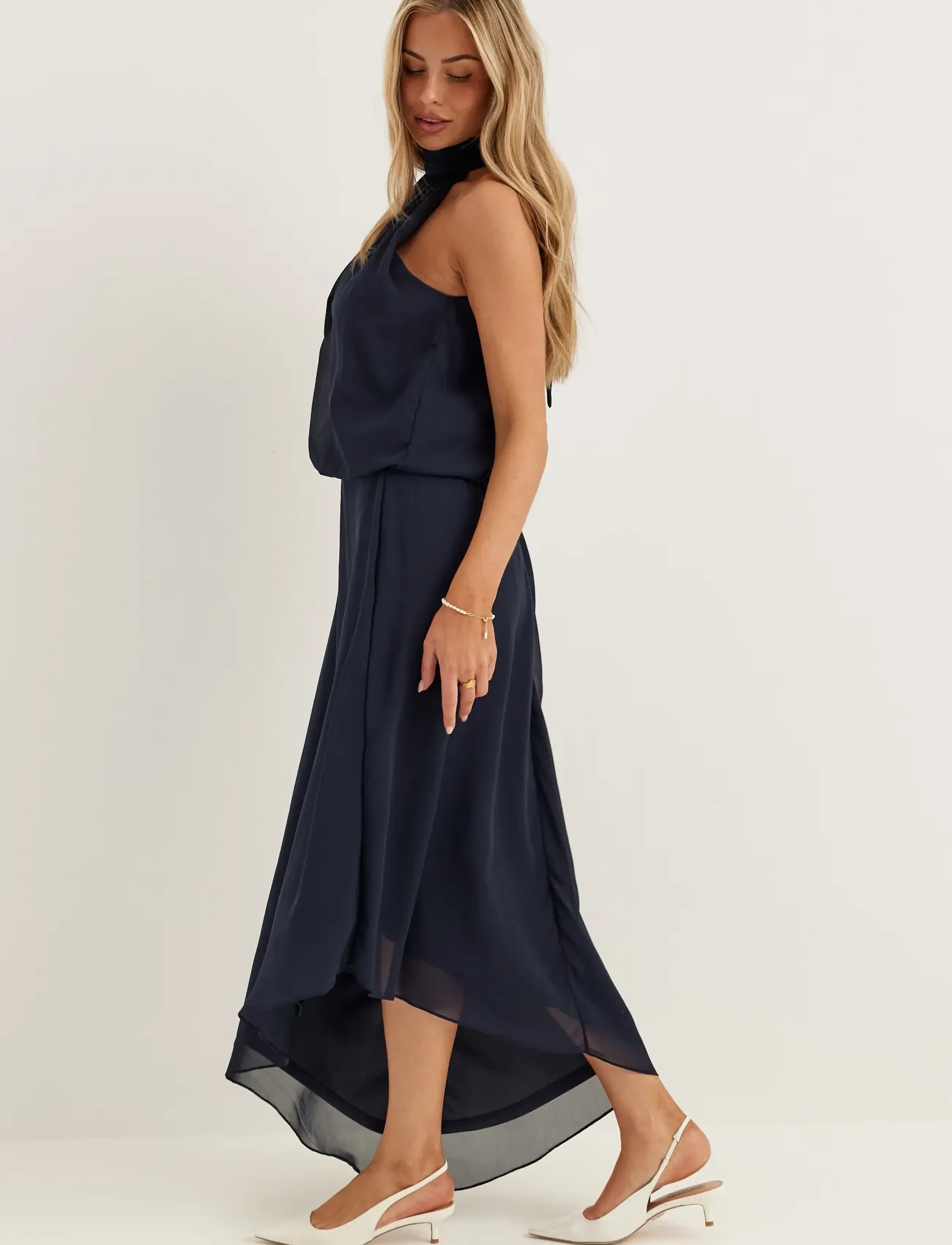 Bubbleroom - Asymmetric Chiffon Halterneck Dress - dark blue - 3