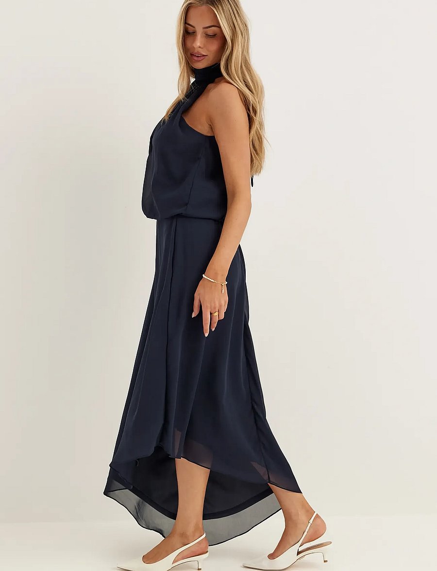 Bubbleroom - Asymmetric Chiffon Halterneck Dress - maxi kjoler - dark blue - 3