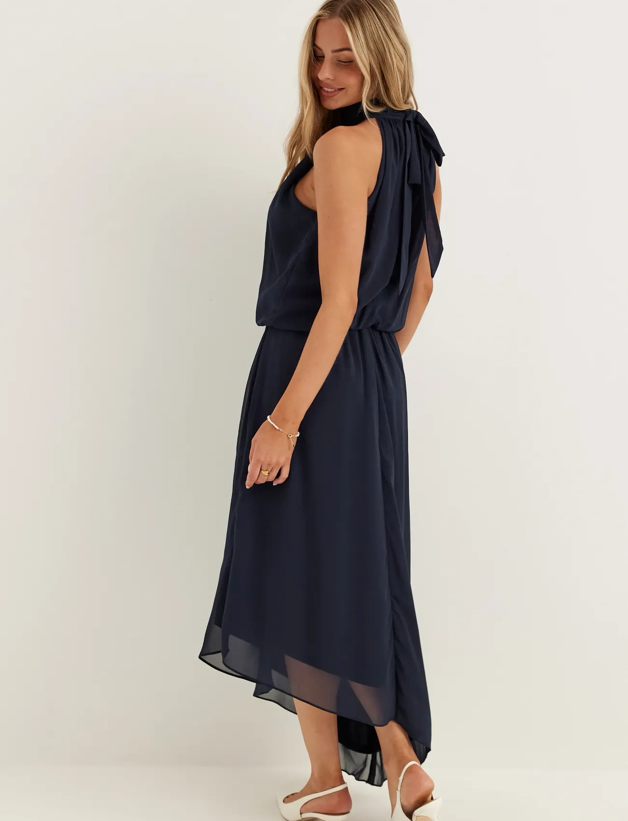 Bubbleroom - Asymmetric Chiffon Halterneck Dress - dark blue - 4