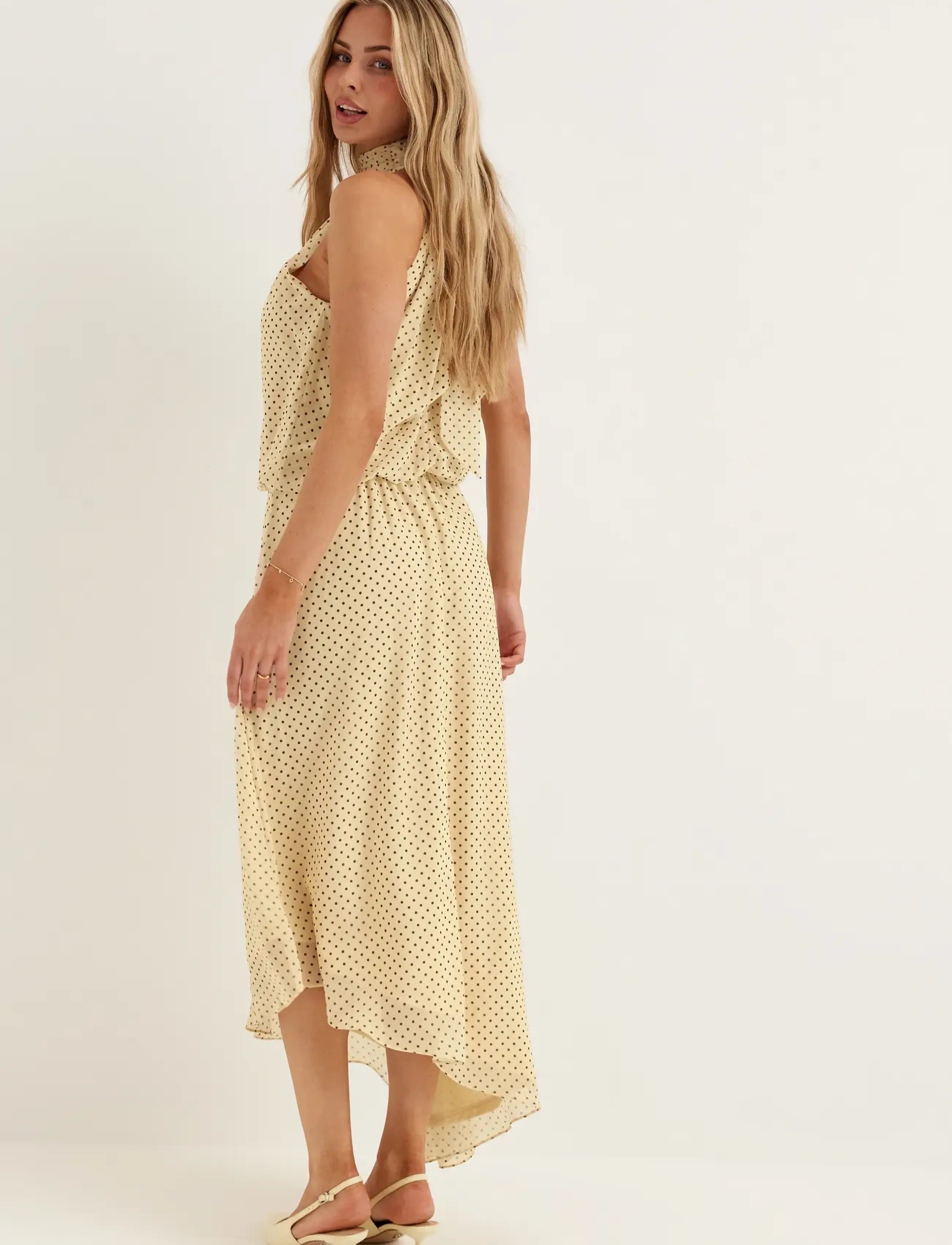 Bubbleroom - Asymmetric Chiffon Halterneck Dress - maxikleider - light yellow/patterned - 4