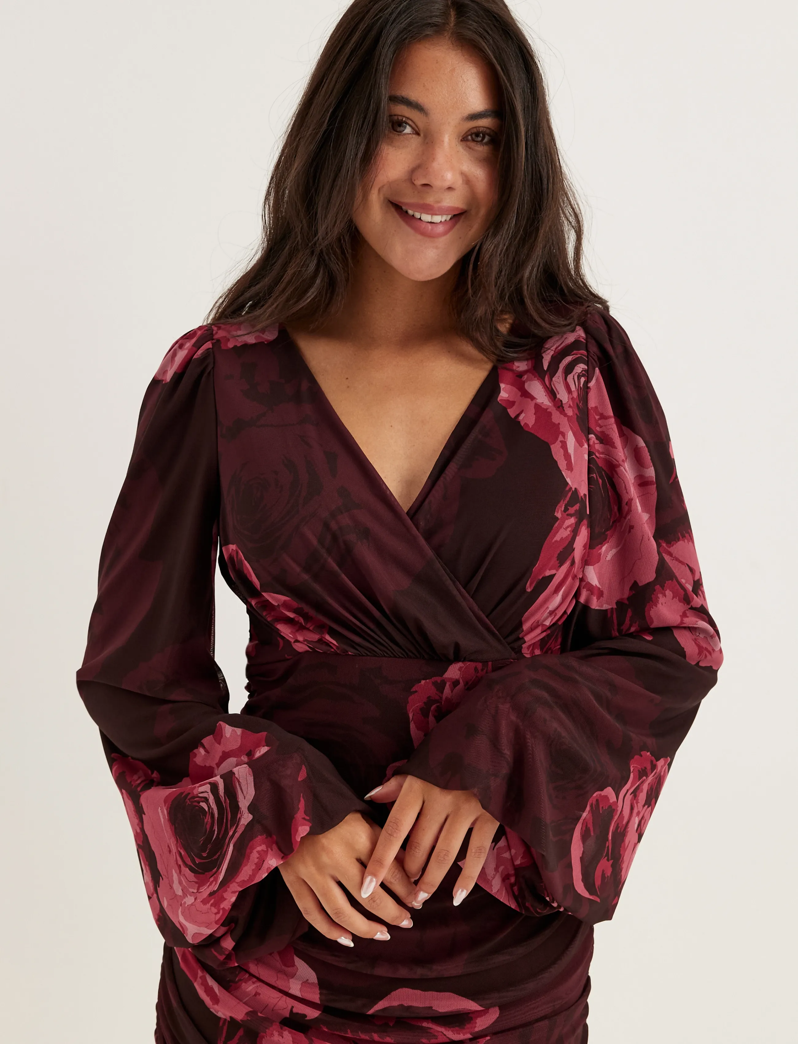 Bubbleroom - Mesh Wrap Ankle Dress - wickelkleider - pink/floral - 5