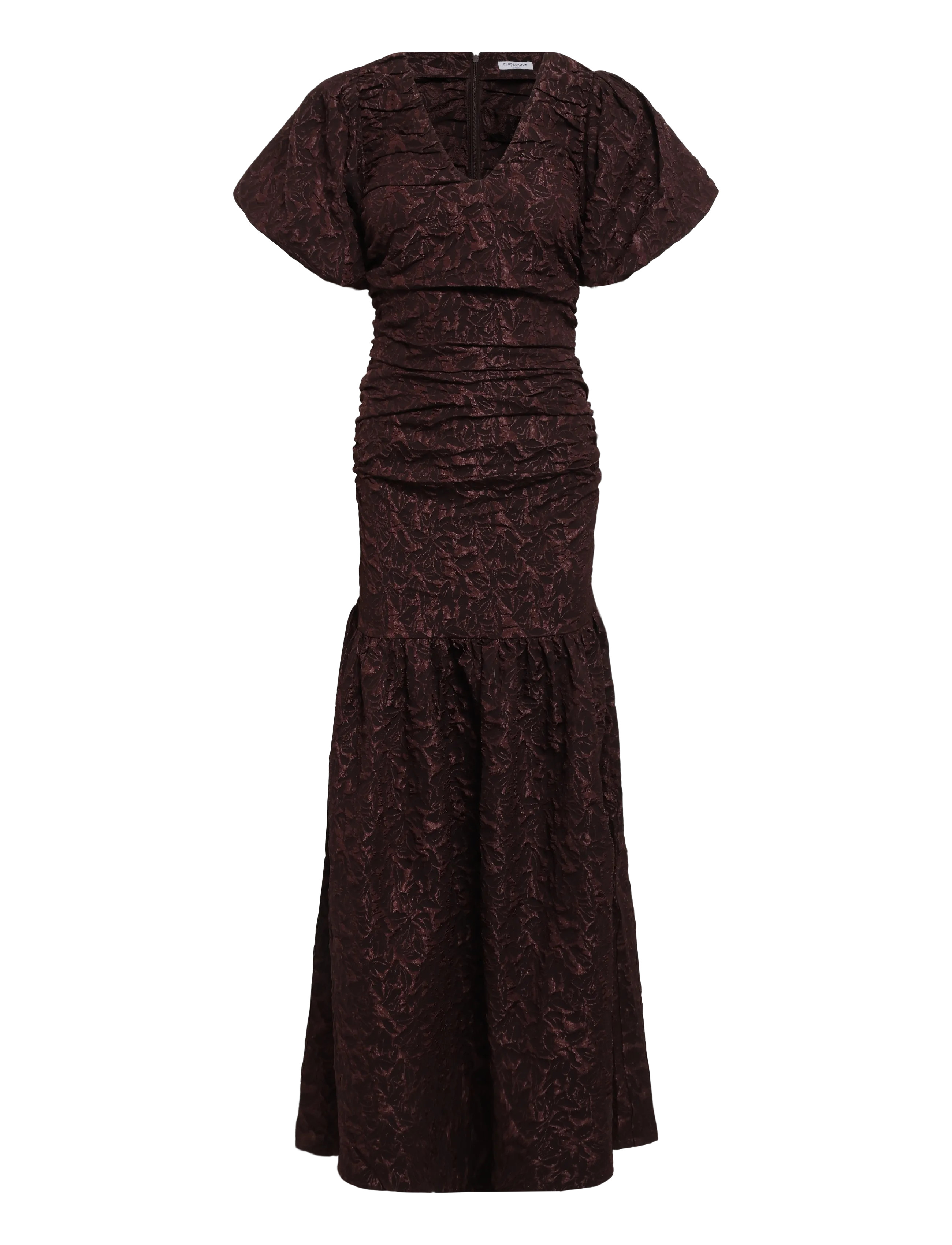 Bubbleroom - Puff Sleeve V-neck Jaqcuard Gown - brown - 1