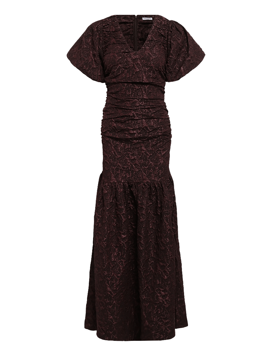 Bubbleroom - Puff Sleeve V-neck Jaqcuard Gown - síðir kjólar - brown - 1
