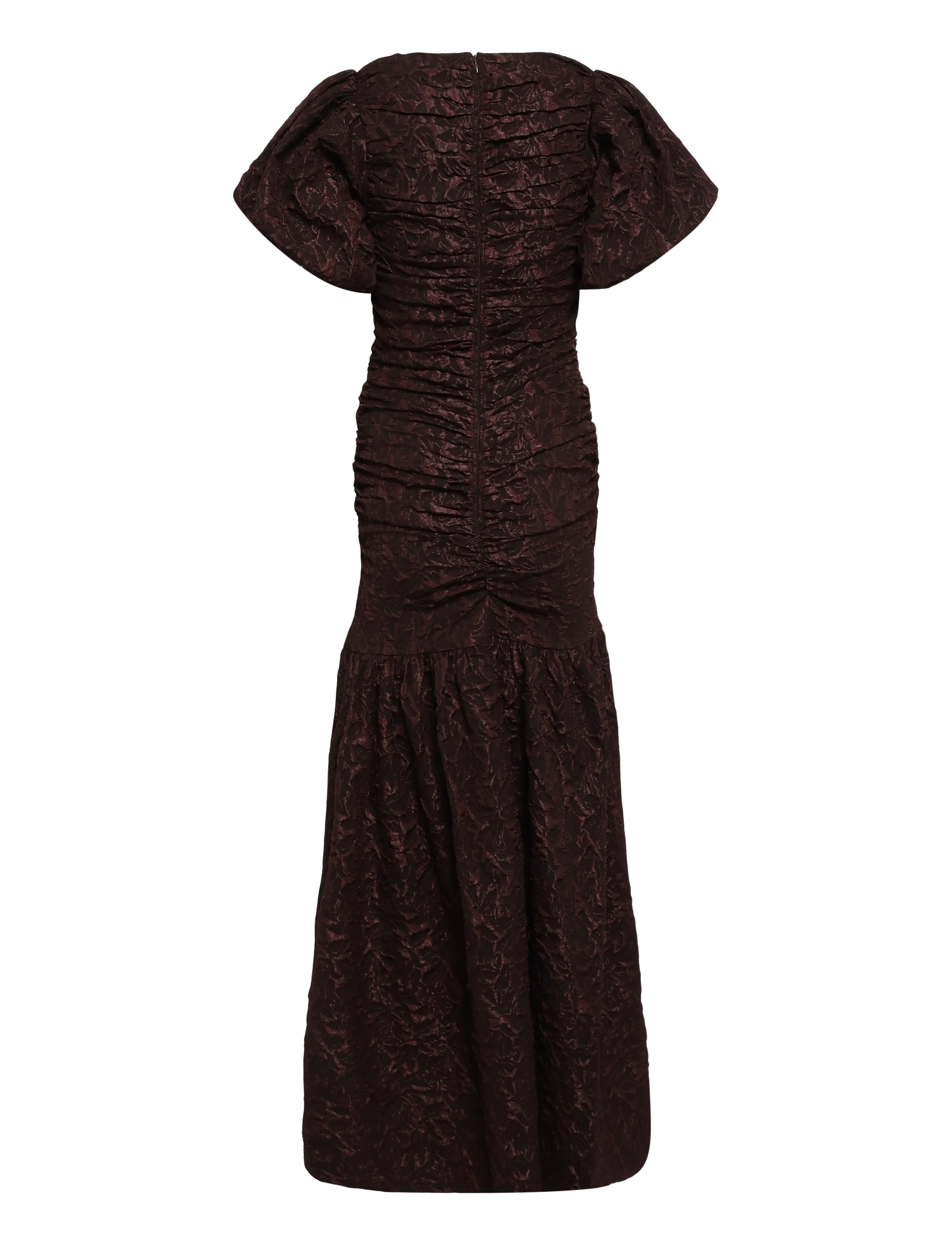 Bubbleroom - Puff Sleeve V-neck Jaqcuard Gown - brown - 2